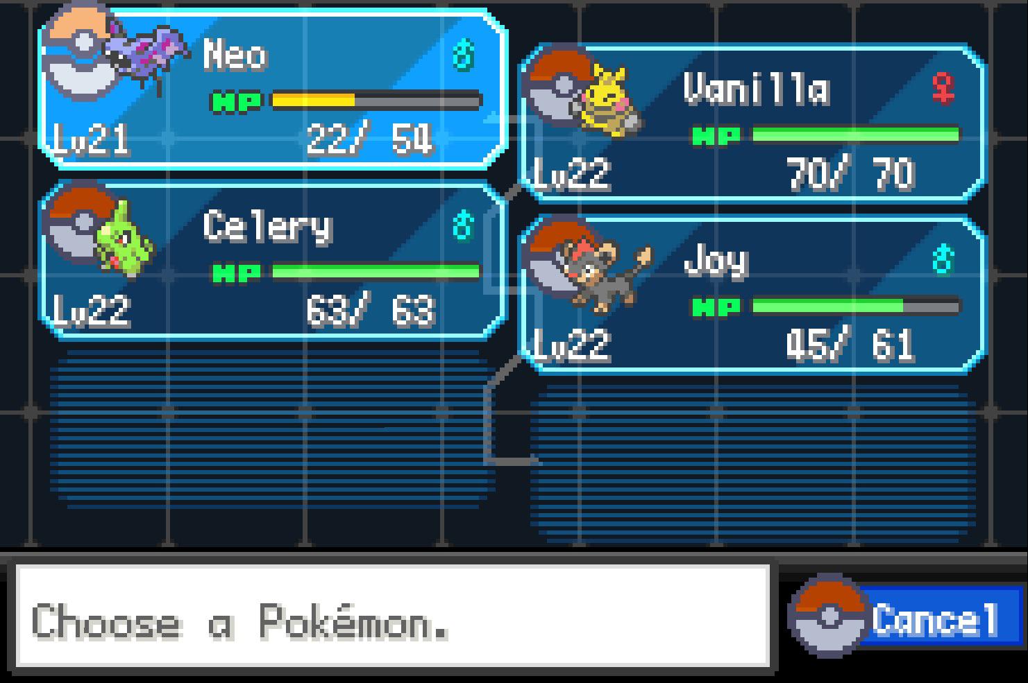 My team after the first gym Leader in Pokémon Unbound. Su at and Joy