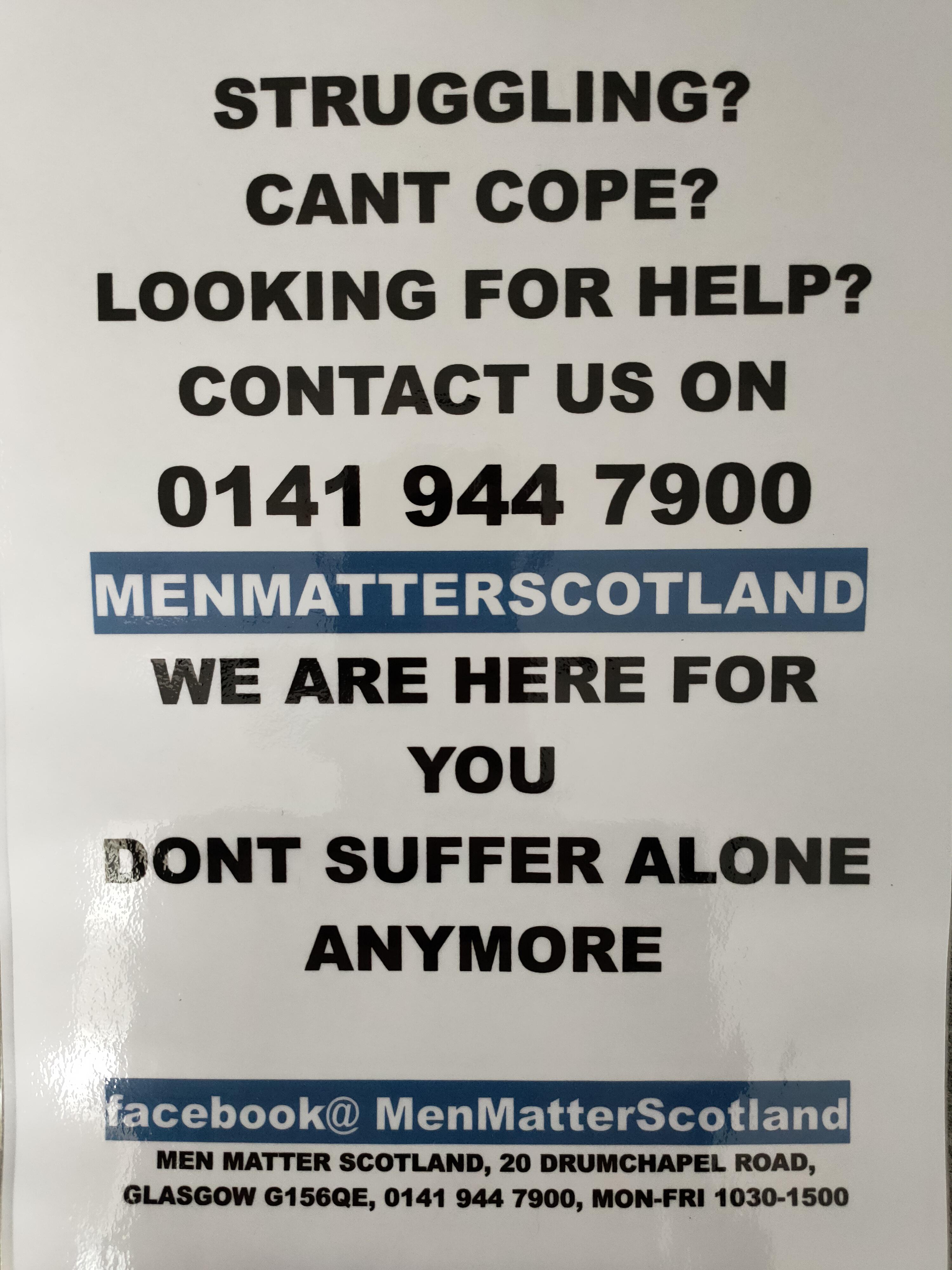 Mental health awareness Men Matter Scotland for any guys struggling