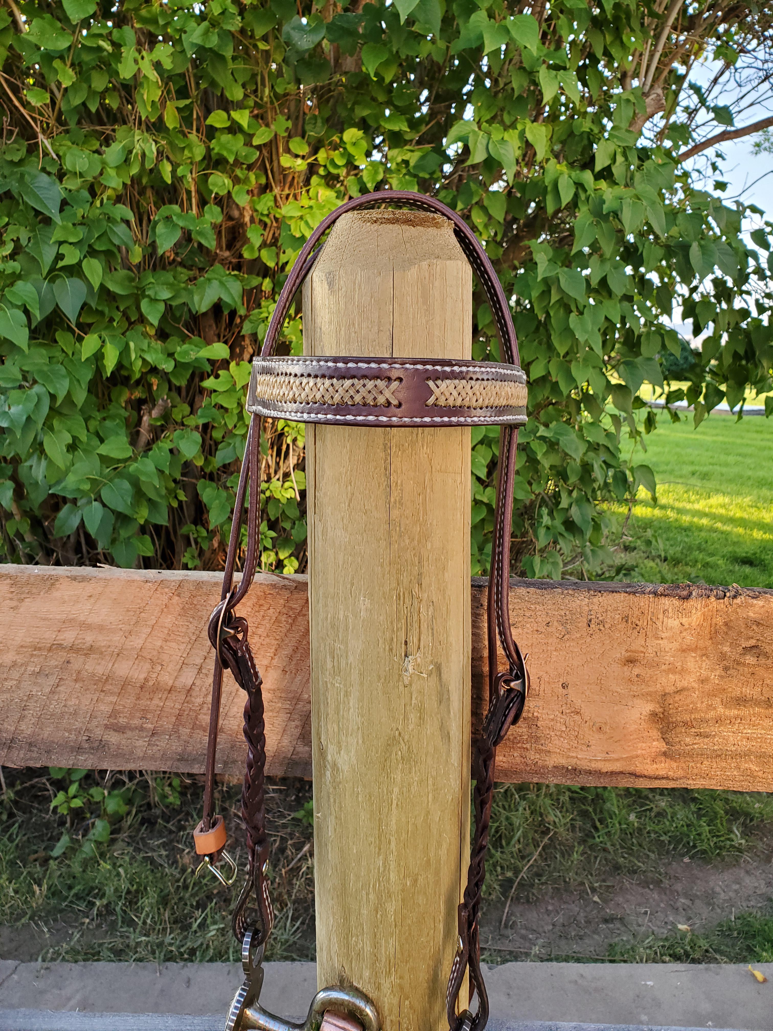 Leather bridle with rawhide braiding accents r/Leathercraft