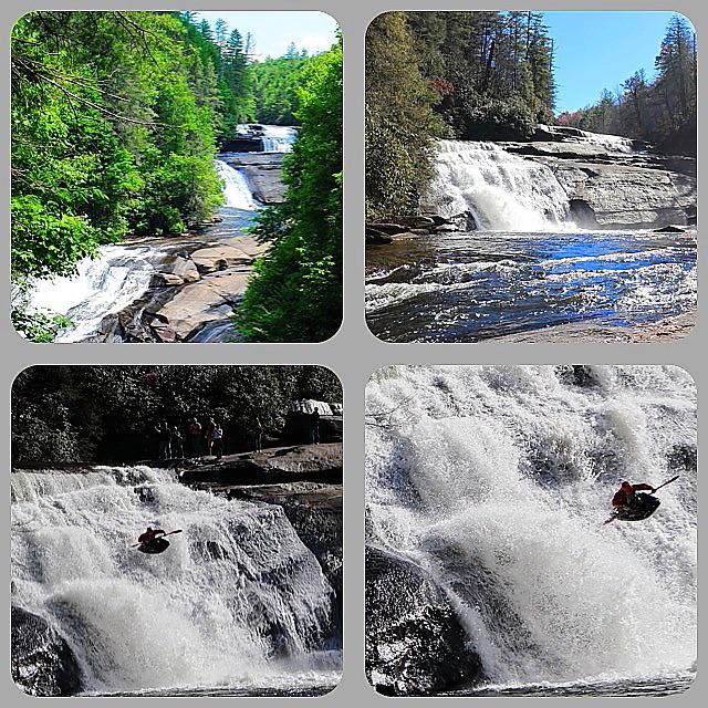 Kayaker bravely riding “Triple Falls in DuPont forest near Brevard, NC
