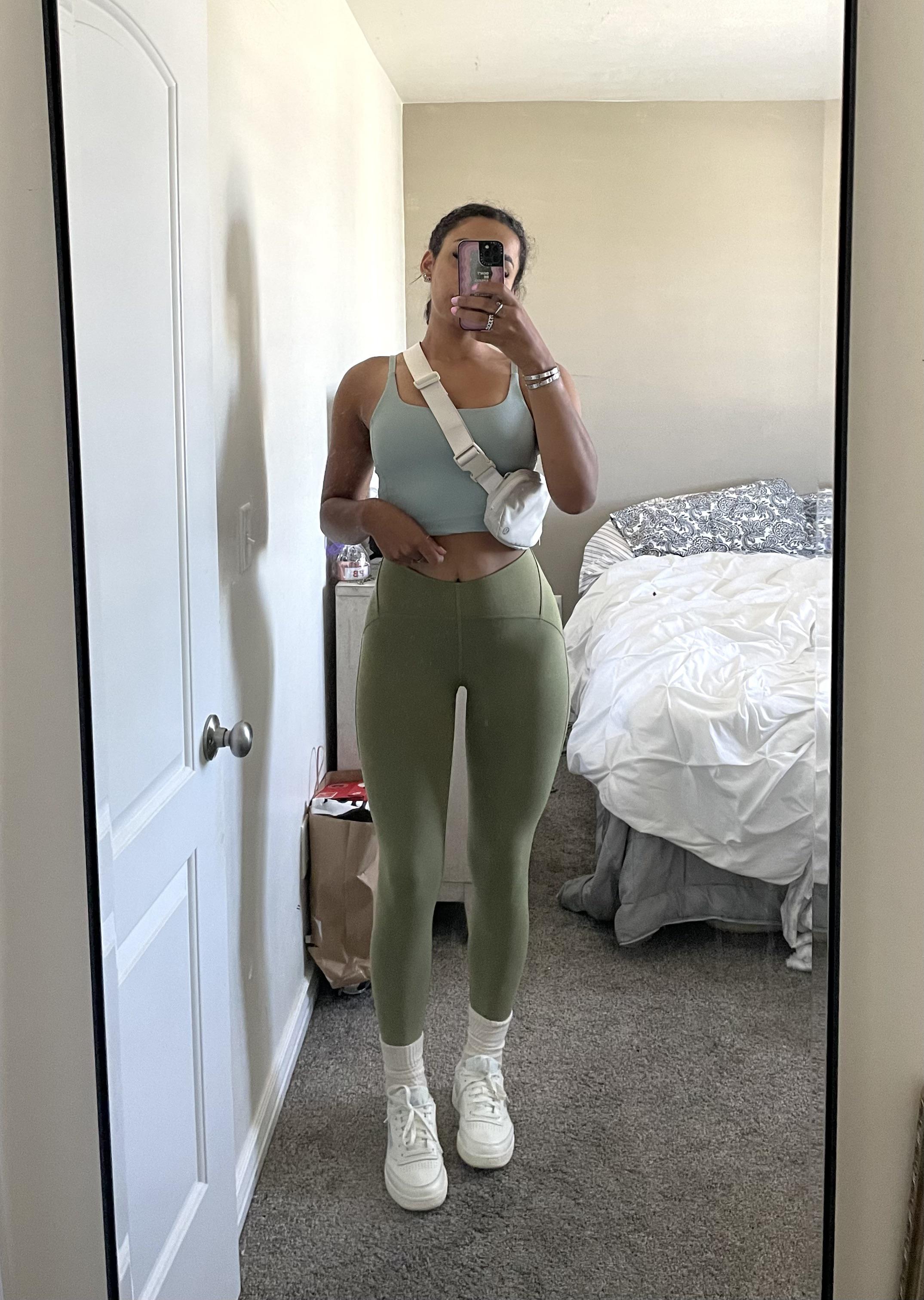 pilates ootd ft strappy nulu shelf tank (silver blue), instills (bronze green), ebb (white opal