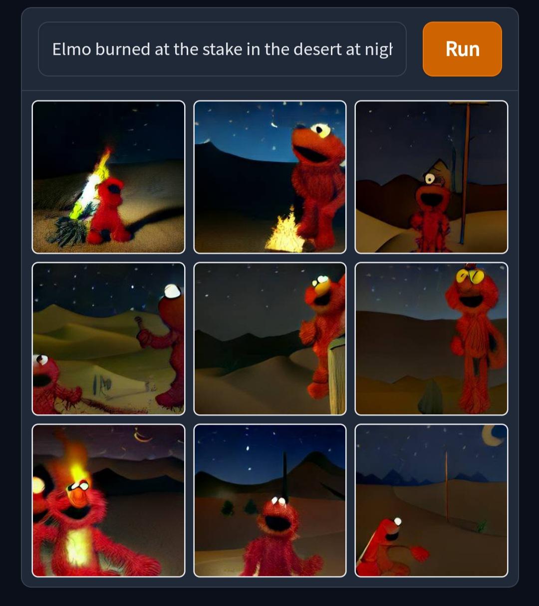 Elmo burned at the stake in the desert at night r/weirddalle