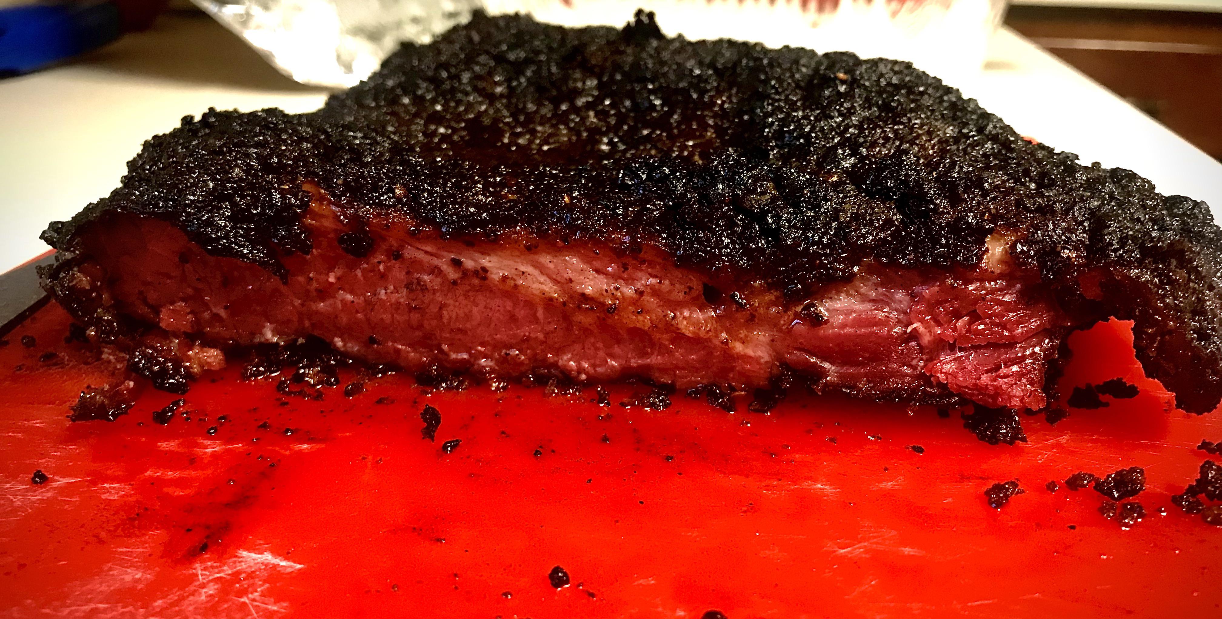 Pastrami from homemade corned brisket flat. Point portion still cooling