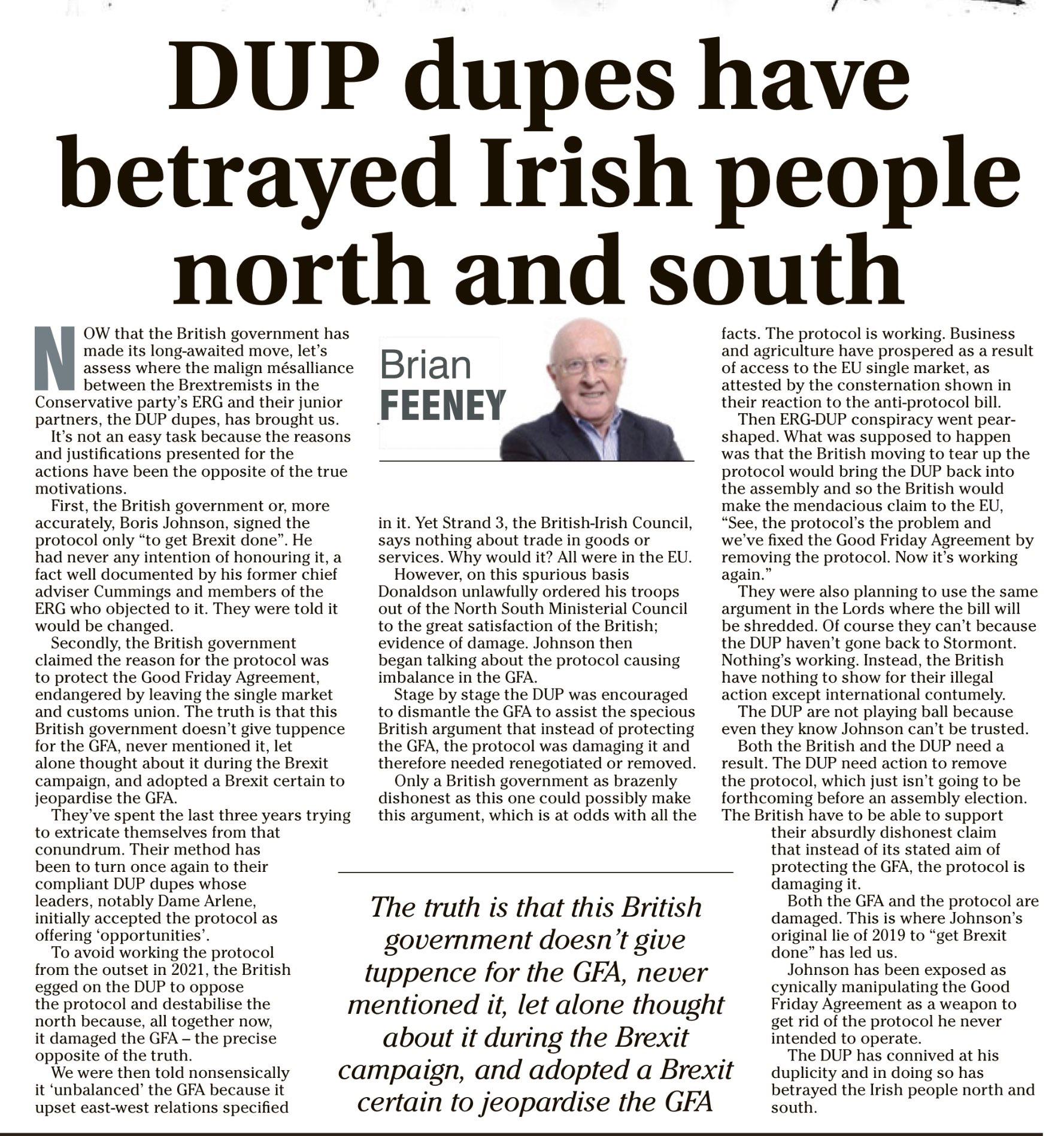 Brian Feeney’s column from yesterday. 22/06/22 r/northernireland