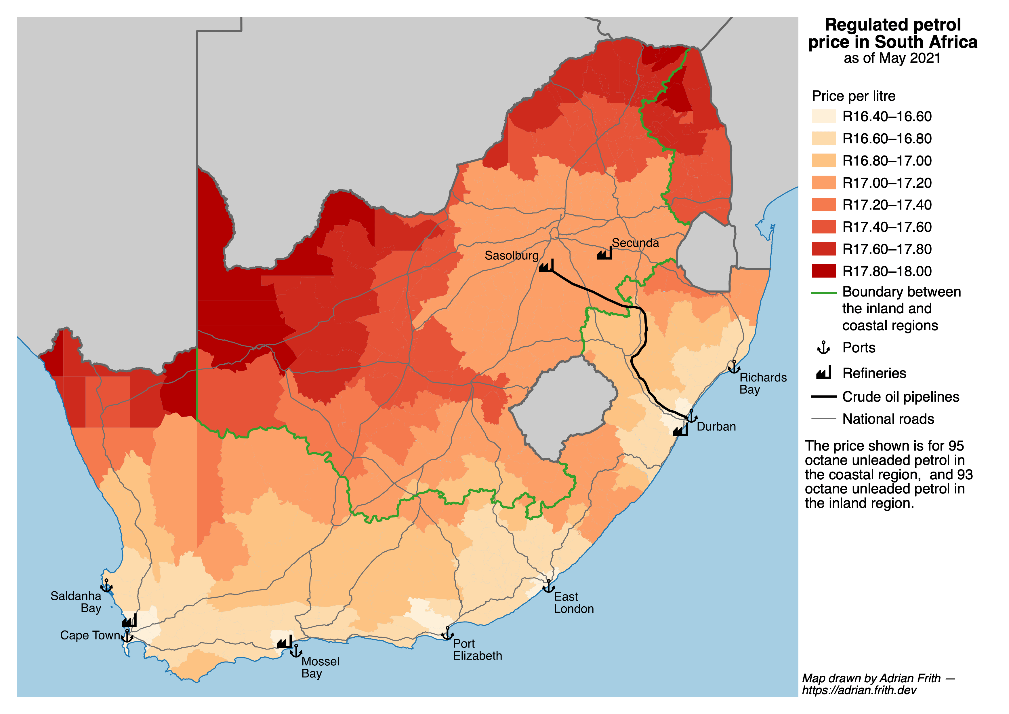 The petrol price is usually quoted as two values for coastal and inland