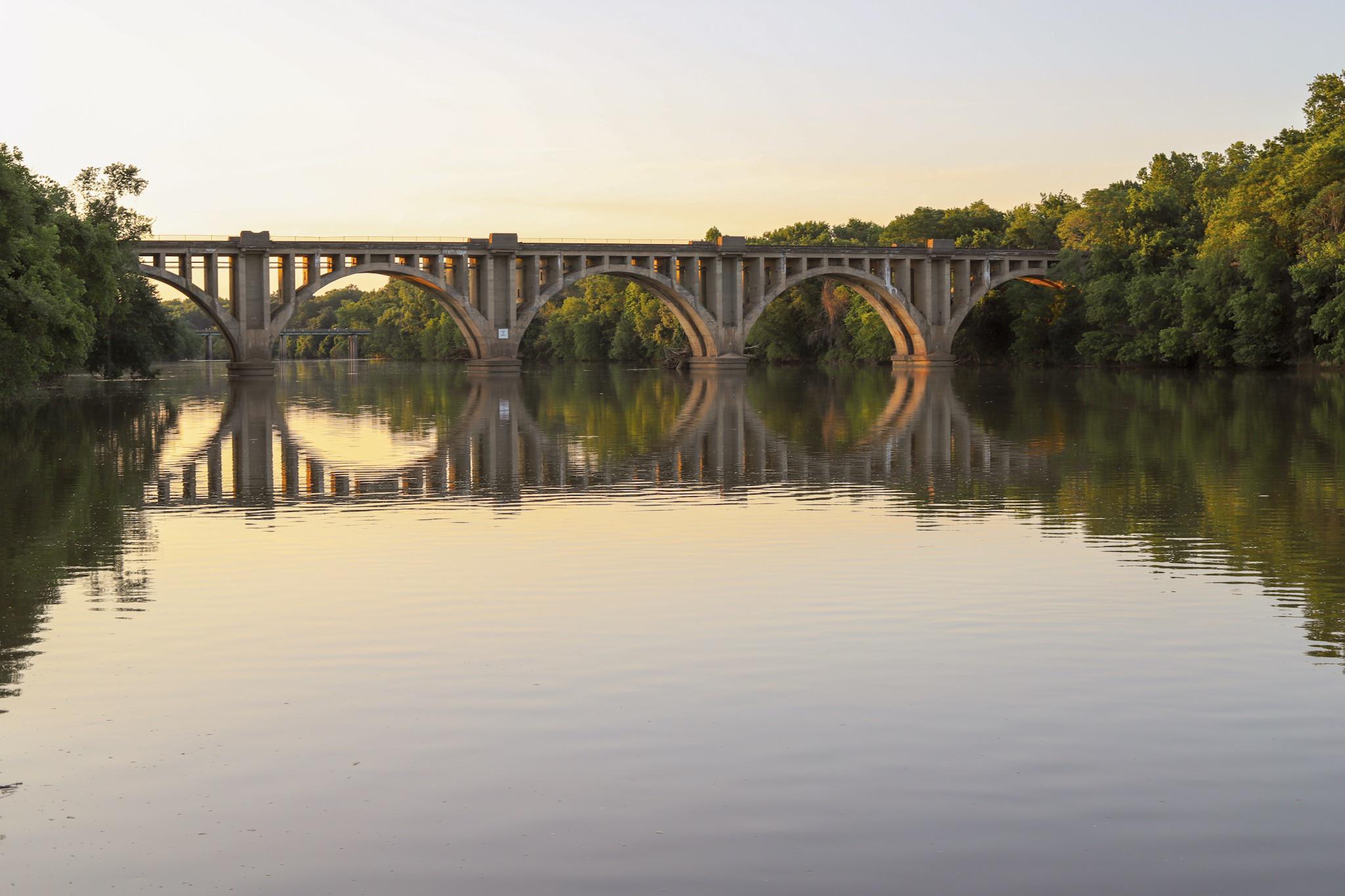 View from City Dock in Fredericksburg, Virginia of railroad bridge over