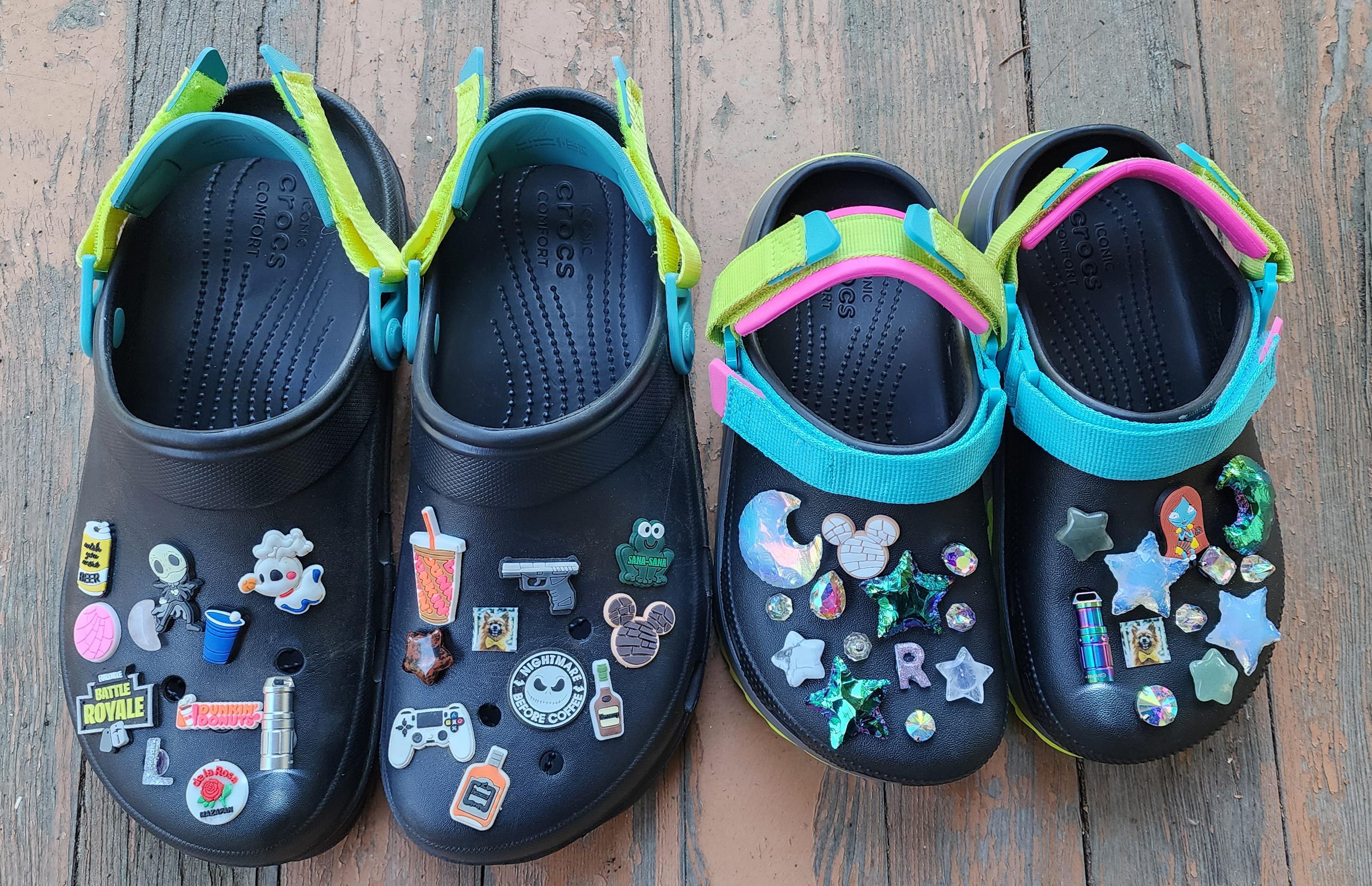 Added some custom jibbitz to help make our Crocs match a bit. My favorite are the flashlights. 😂