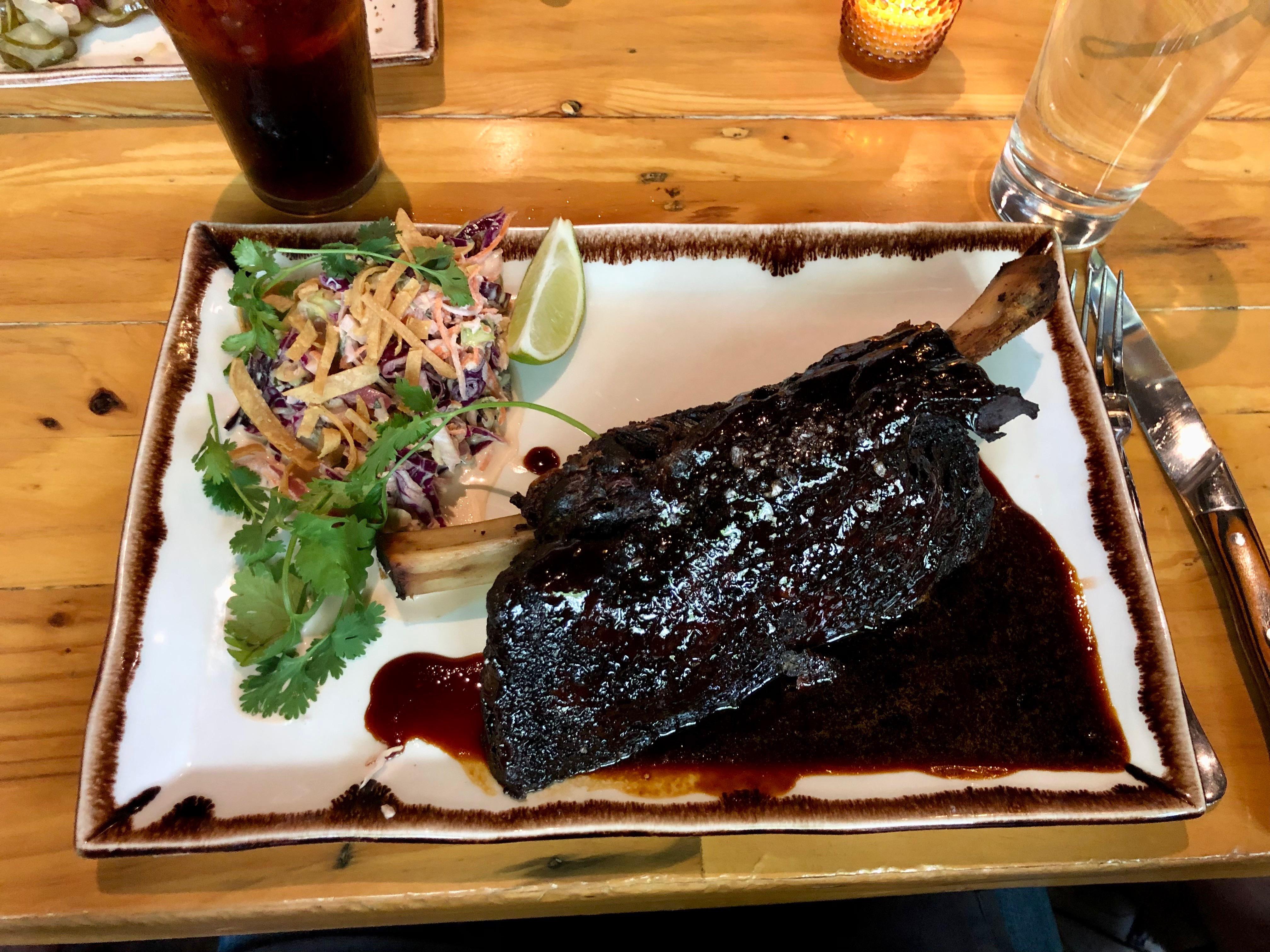 Beef long rib, smoked 14+ hrs, the molasses/Tabasco glaze brings it