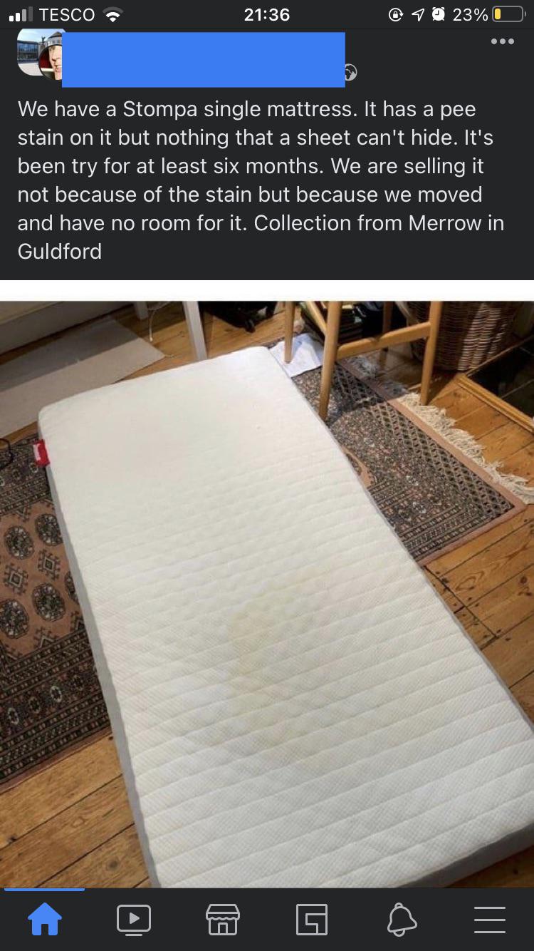 Pee stained mattress, collection only. Form an orderly queue. r/trashy