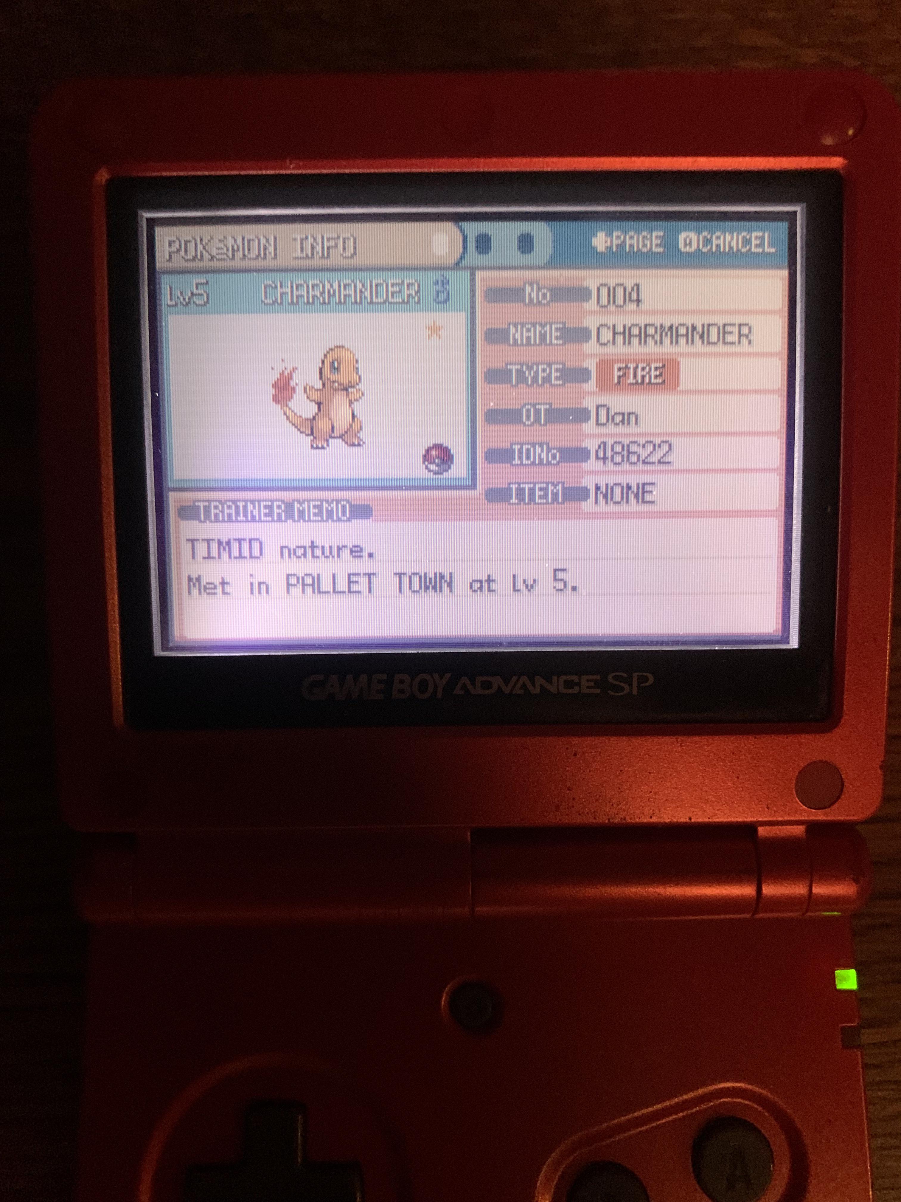 [gen3] Shiny timid Charmander in Leaf Green, with some story behind it