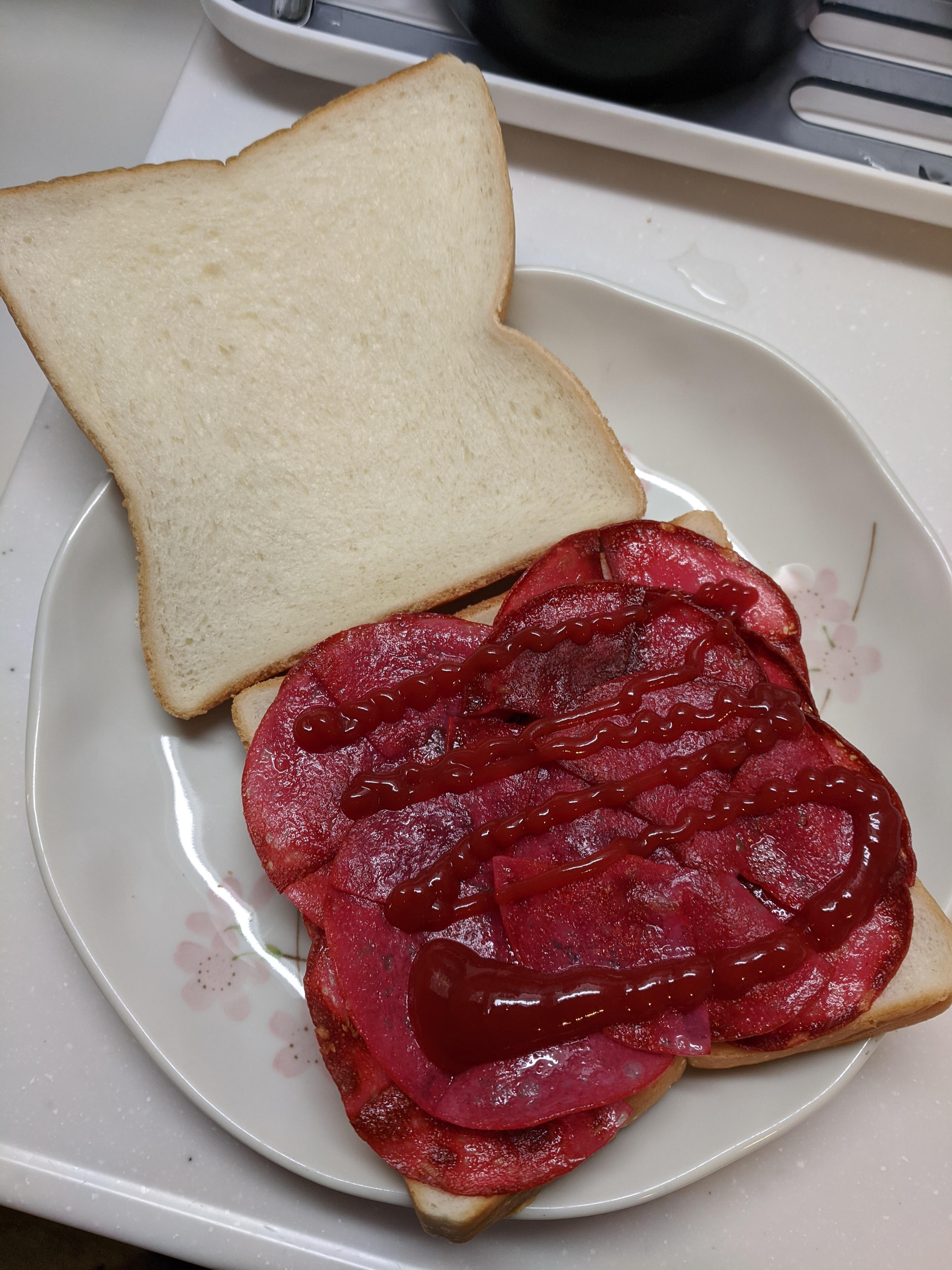 Bologna and ketchup sandwich. Just like mom used to make! r