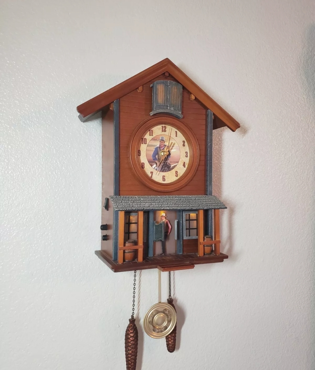 Awesome find while out thrifting. A John Wayne Cuckoo Clock. Still had