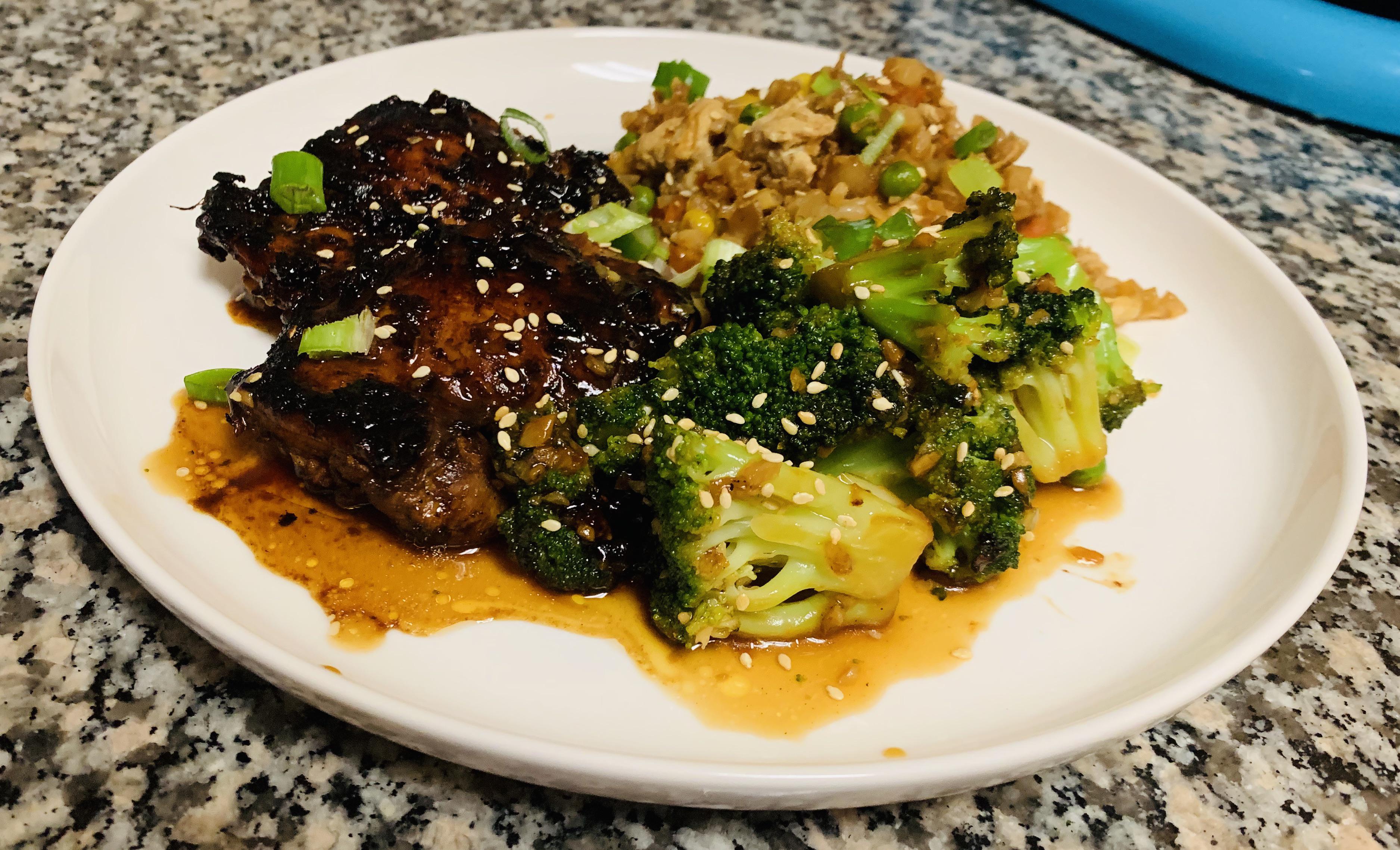 asianglazed chicken thighs, stirfried broccoli, and cauliflower rice