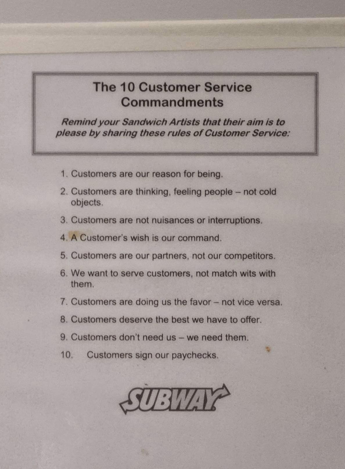 “10 customer service commandments” taped to the employee door at Subway