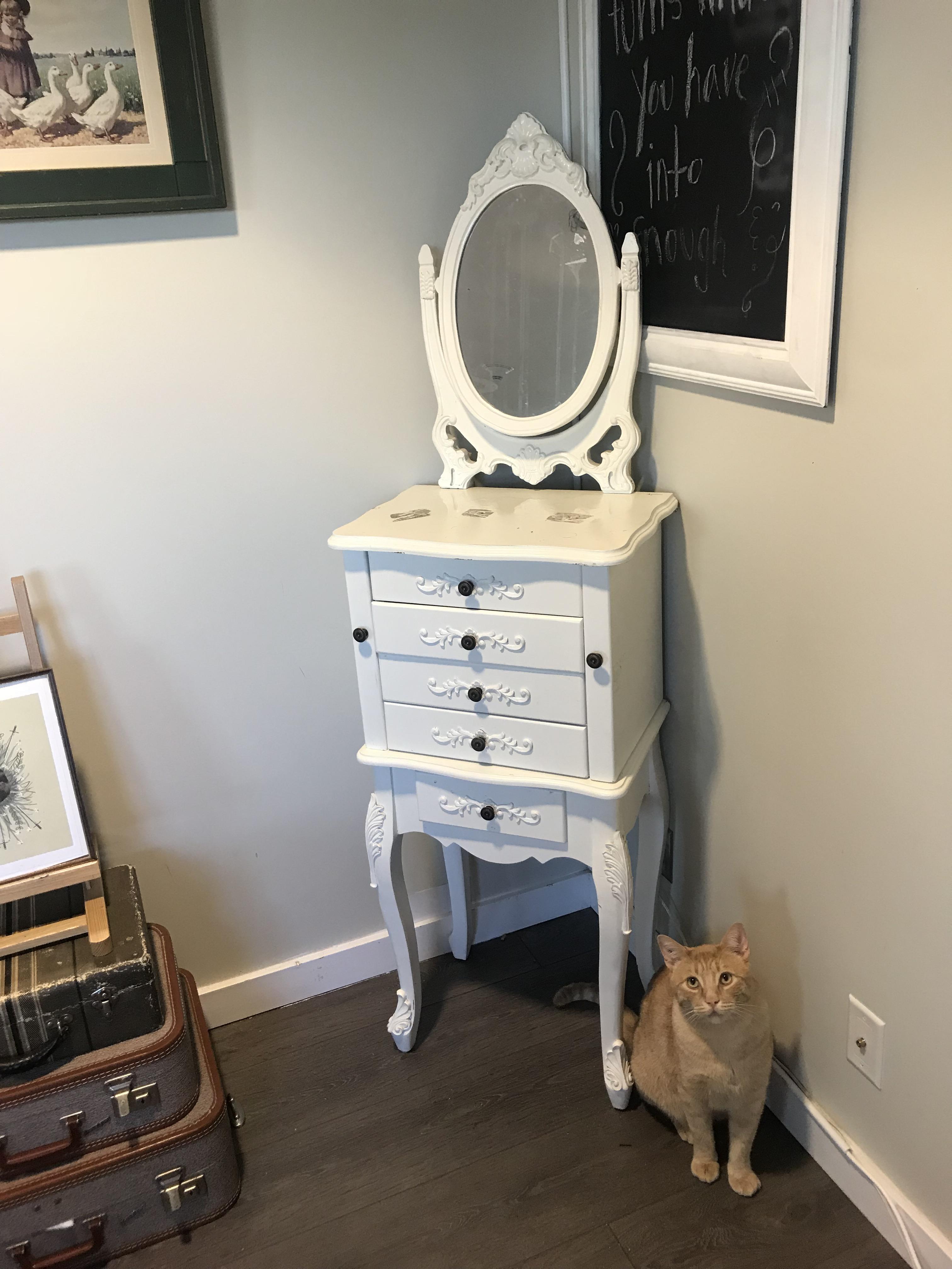 Found this amazing unique vanity with side drawers that open up to hang