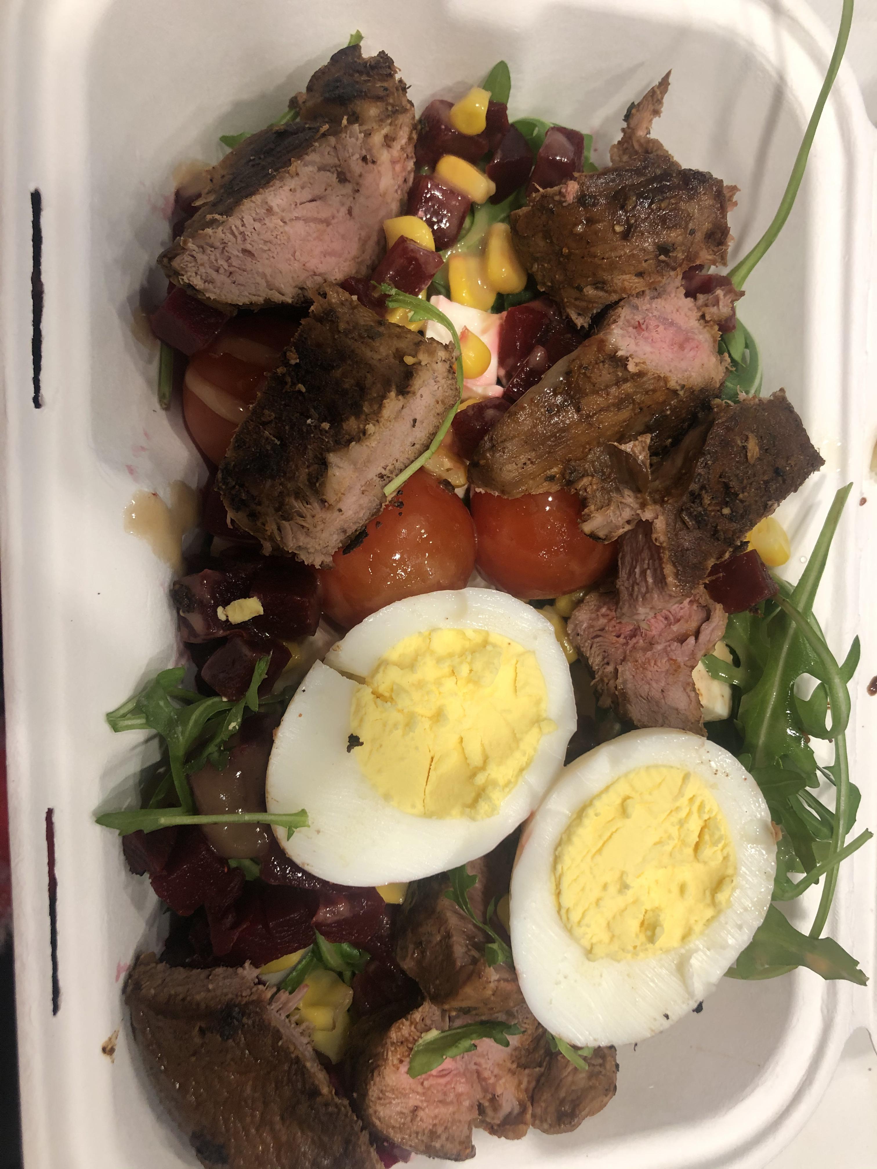 Lamb escalopes, boiled egg, salad with balsamic vinegar! 580 cals. I do