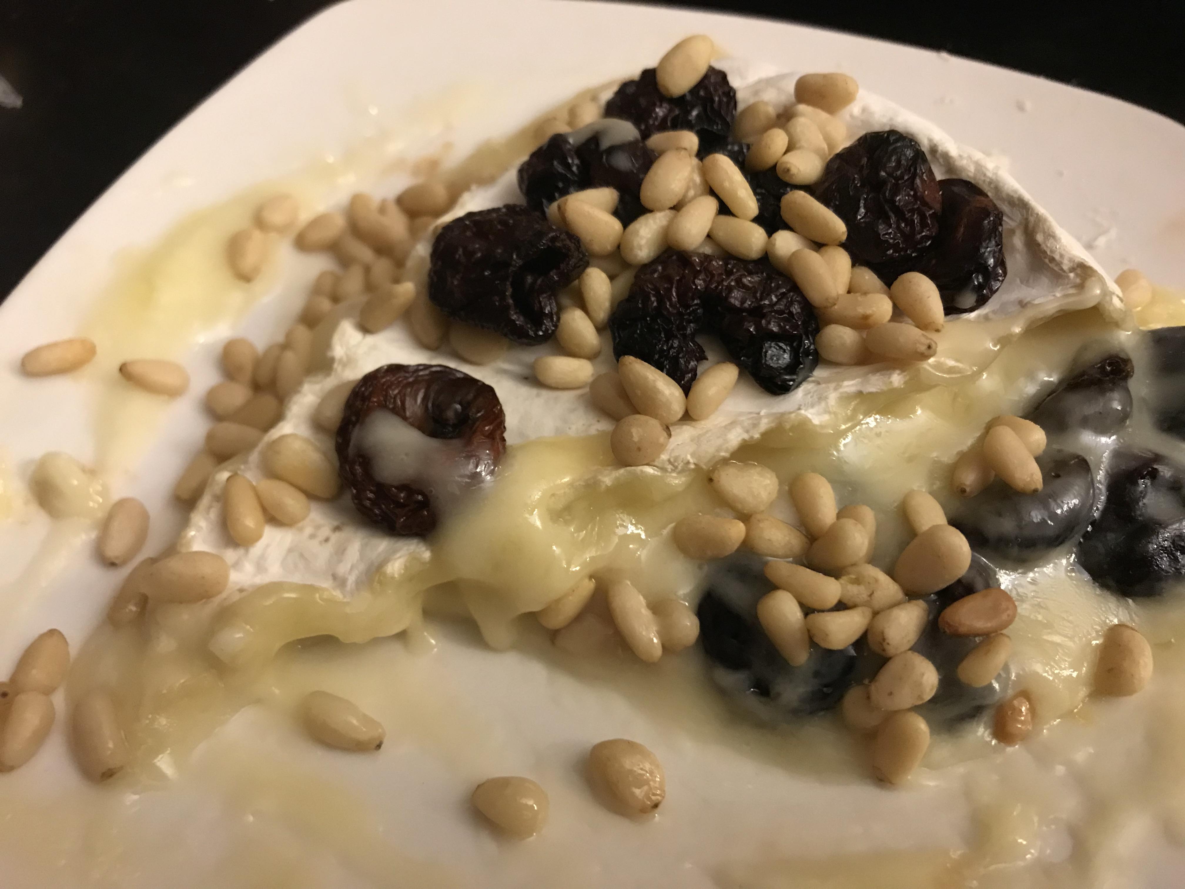 [Homemade] baked brie with tart cherries and pine nuts r/food