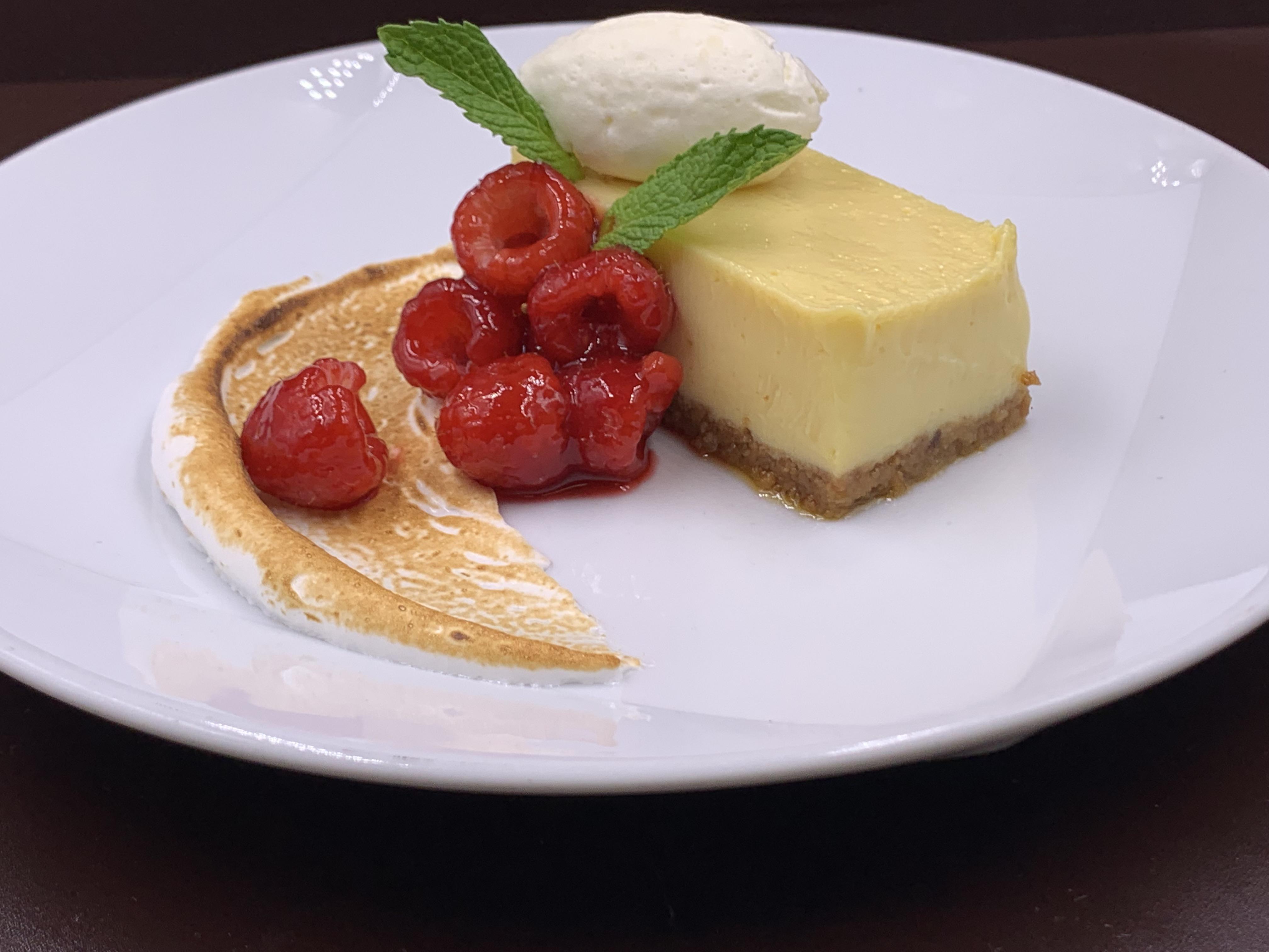 Key lime bar, torched meringue, macerated raspberries r/CulinaryPlating