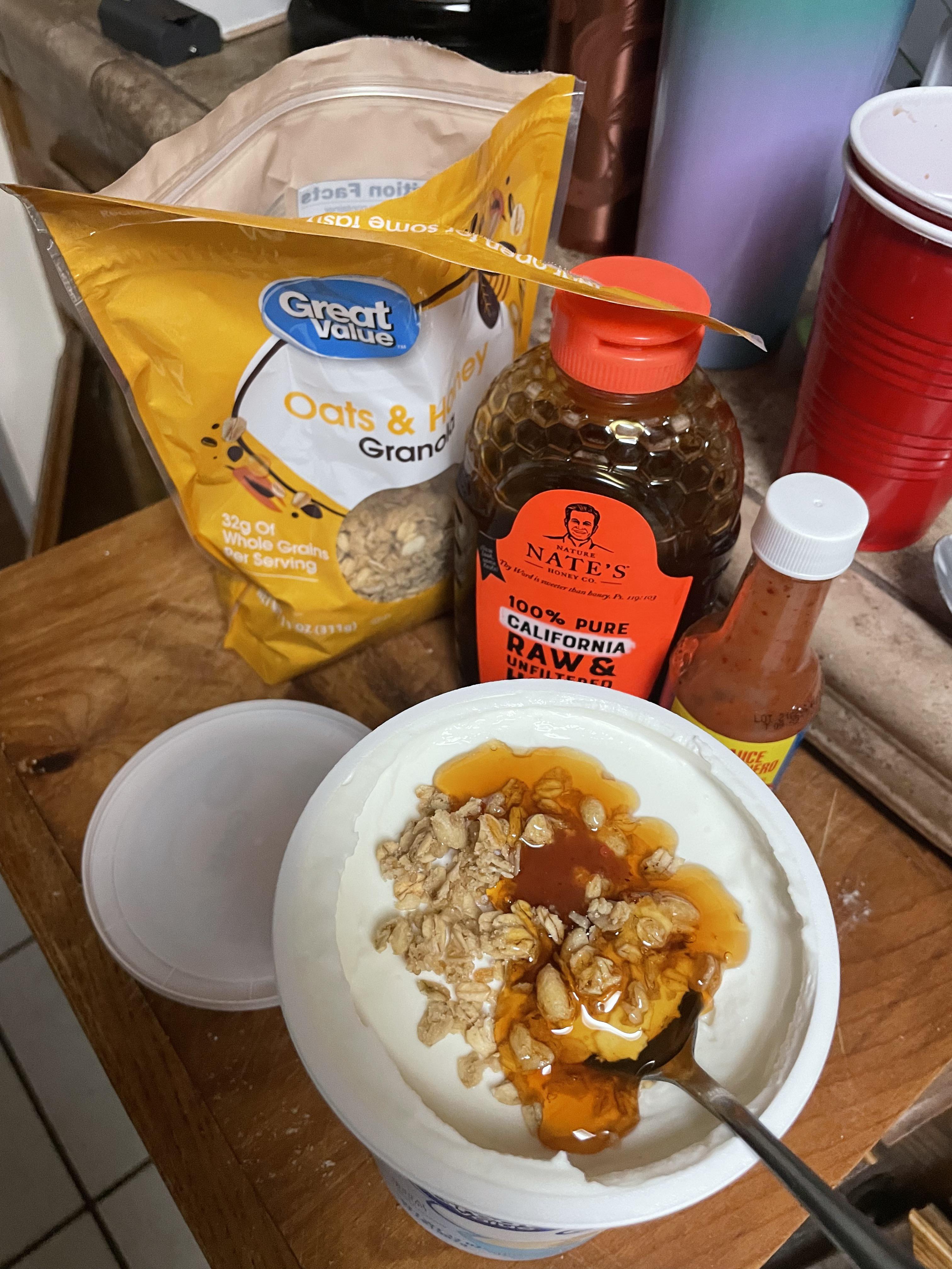 Late night snack Greek yogurt granola honey and a splash of teco red r/SofaKingPodcast