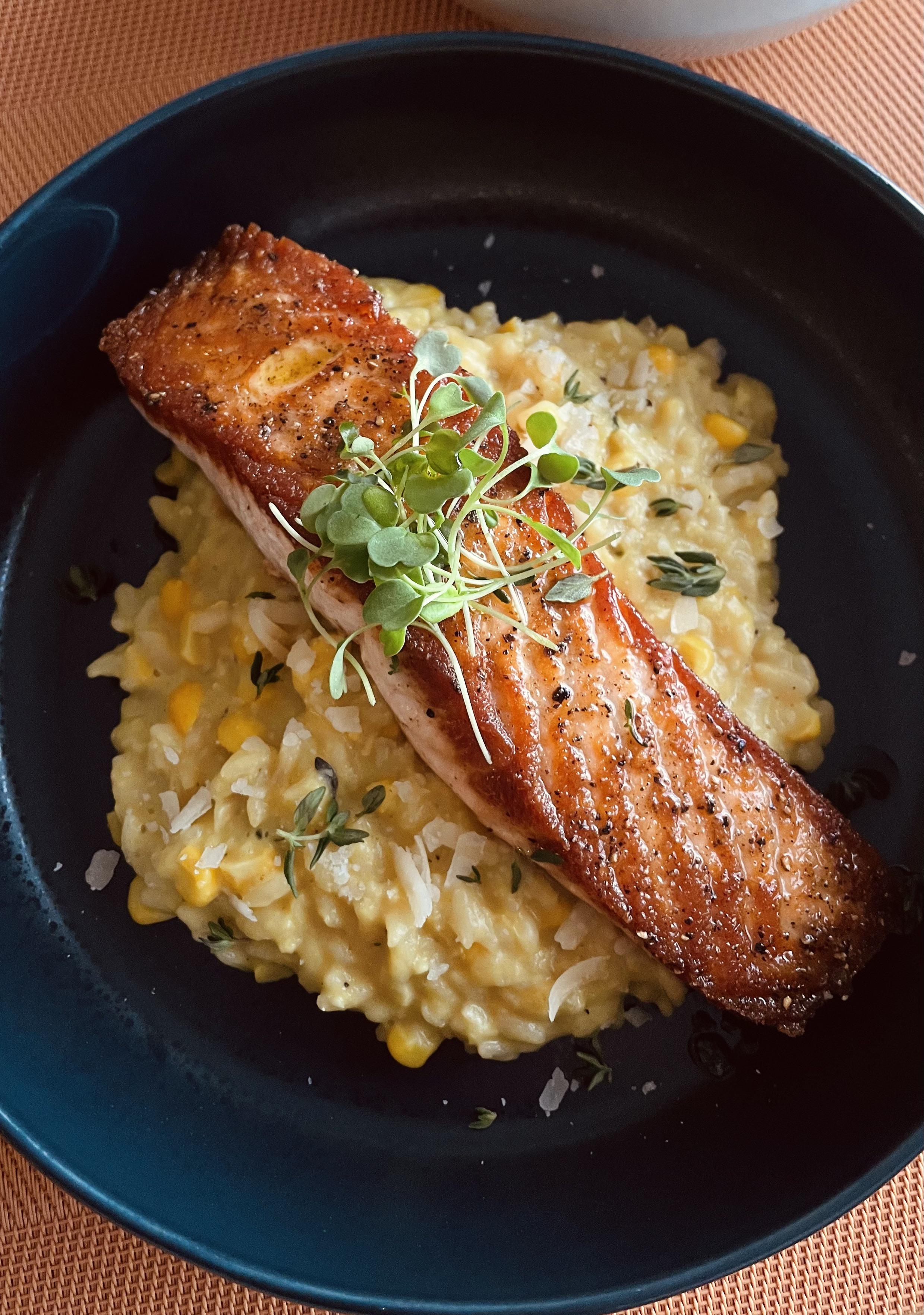 Pressure cooker corn risotto recipe w/seared Atlantic salmon. r