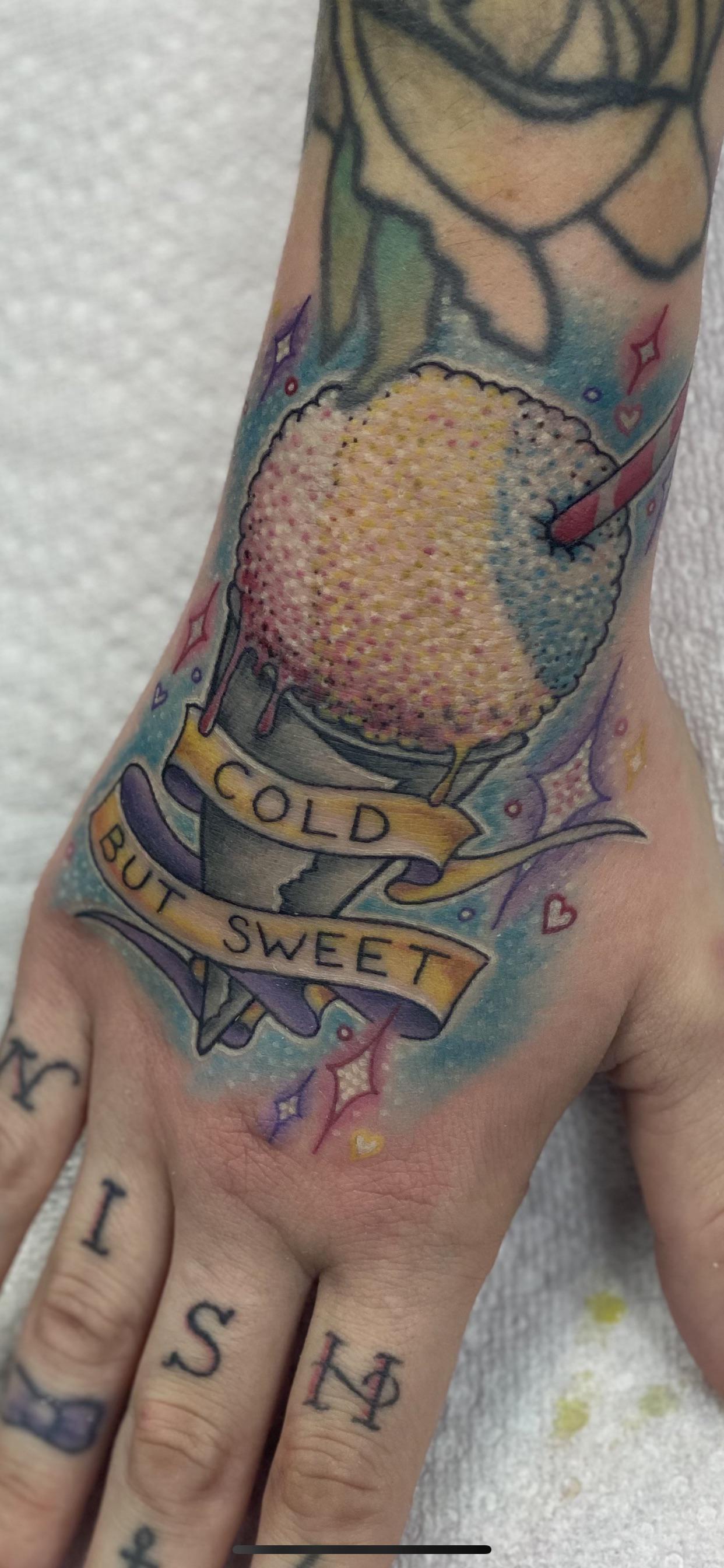 New “Cold But Sweet” Snowcone Hand Tat, Done By Ace Wilde @ Yankee Doodle Dandy Tattoo In Dsm, Ia : R/Tattoos 2688_x_1242_jpg