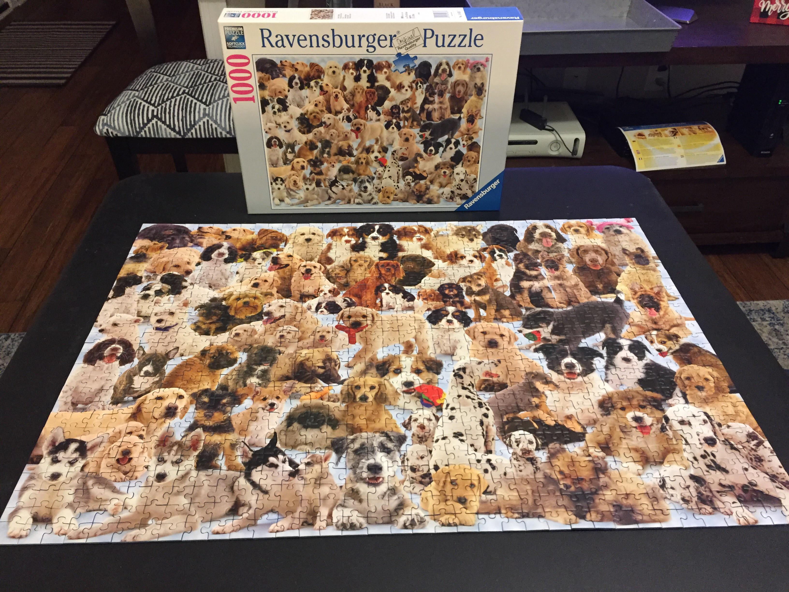 Ravensburger “Dogs Galore!” 1000 pieces. Probably the most sneakily