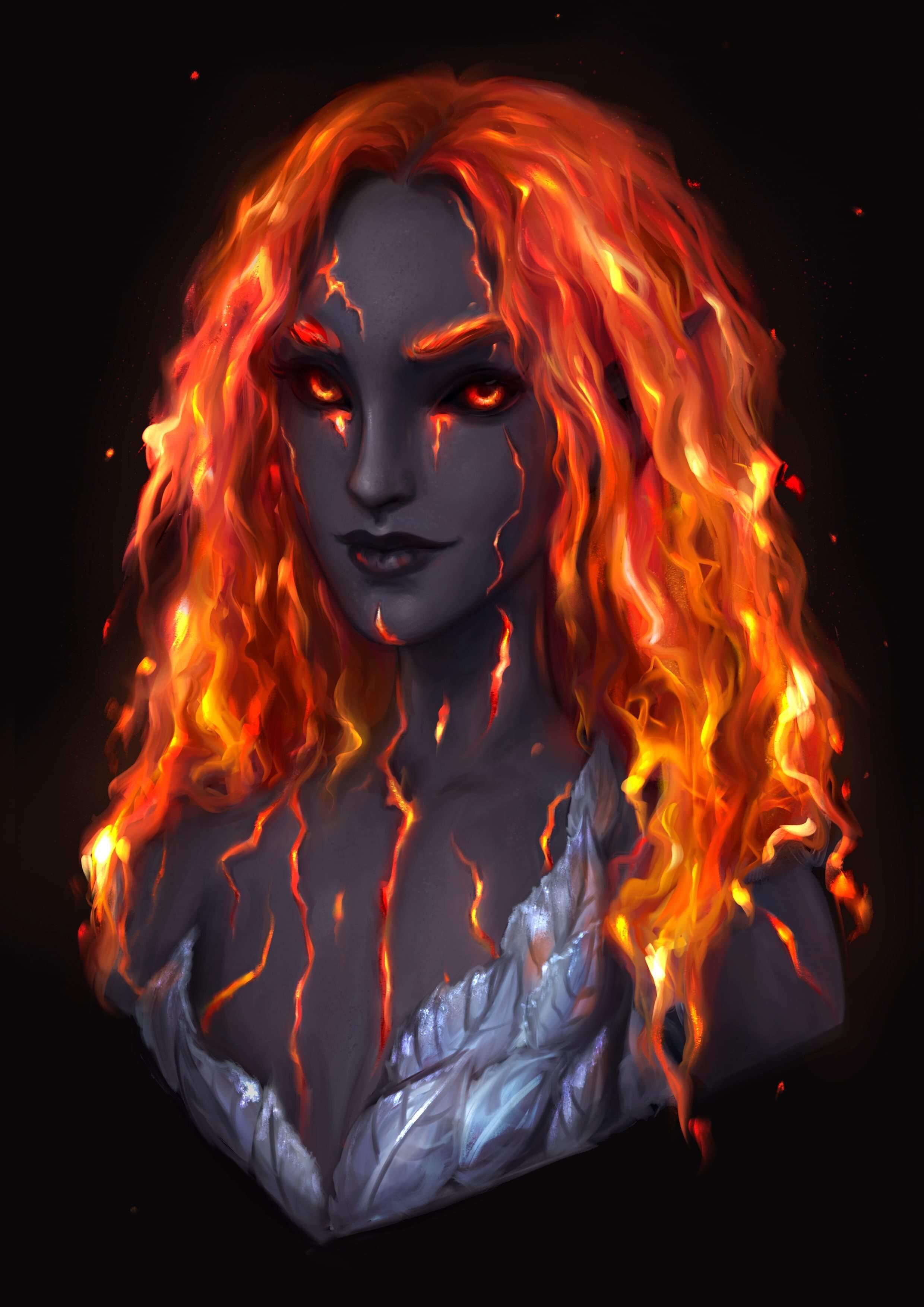 [Art] My fire genasi Pele, done by the amazing Lin Romanov r/DnD
