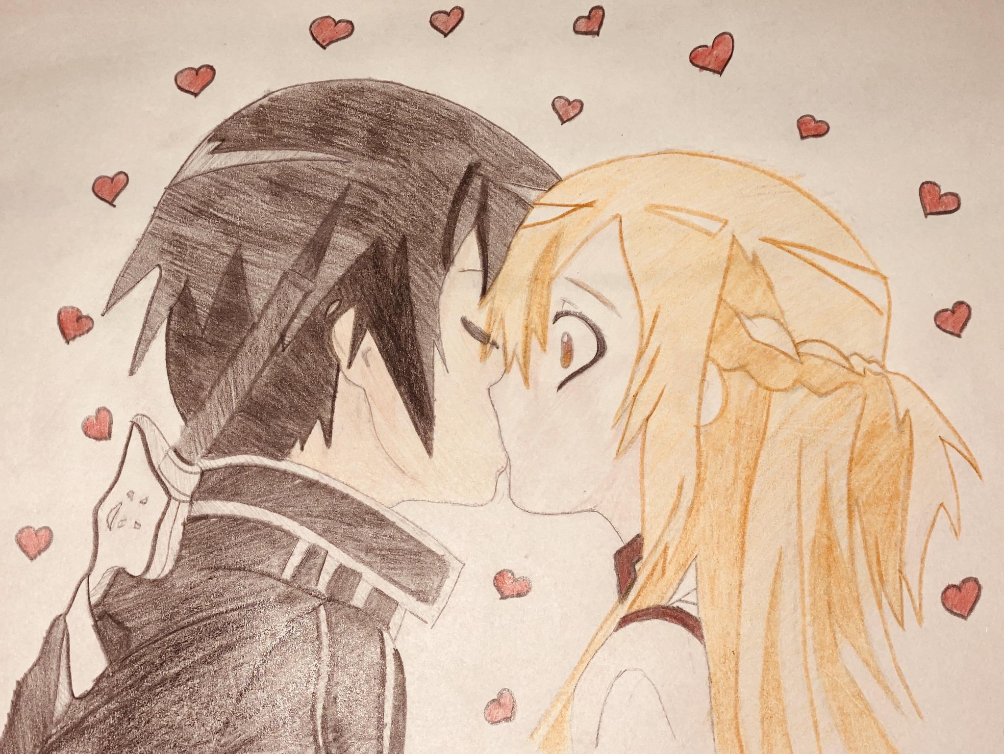 I drew Asuna and Kiritos first kiss. I edited it slightly ️