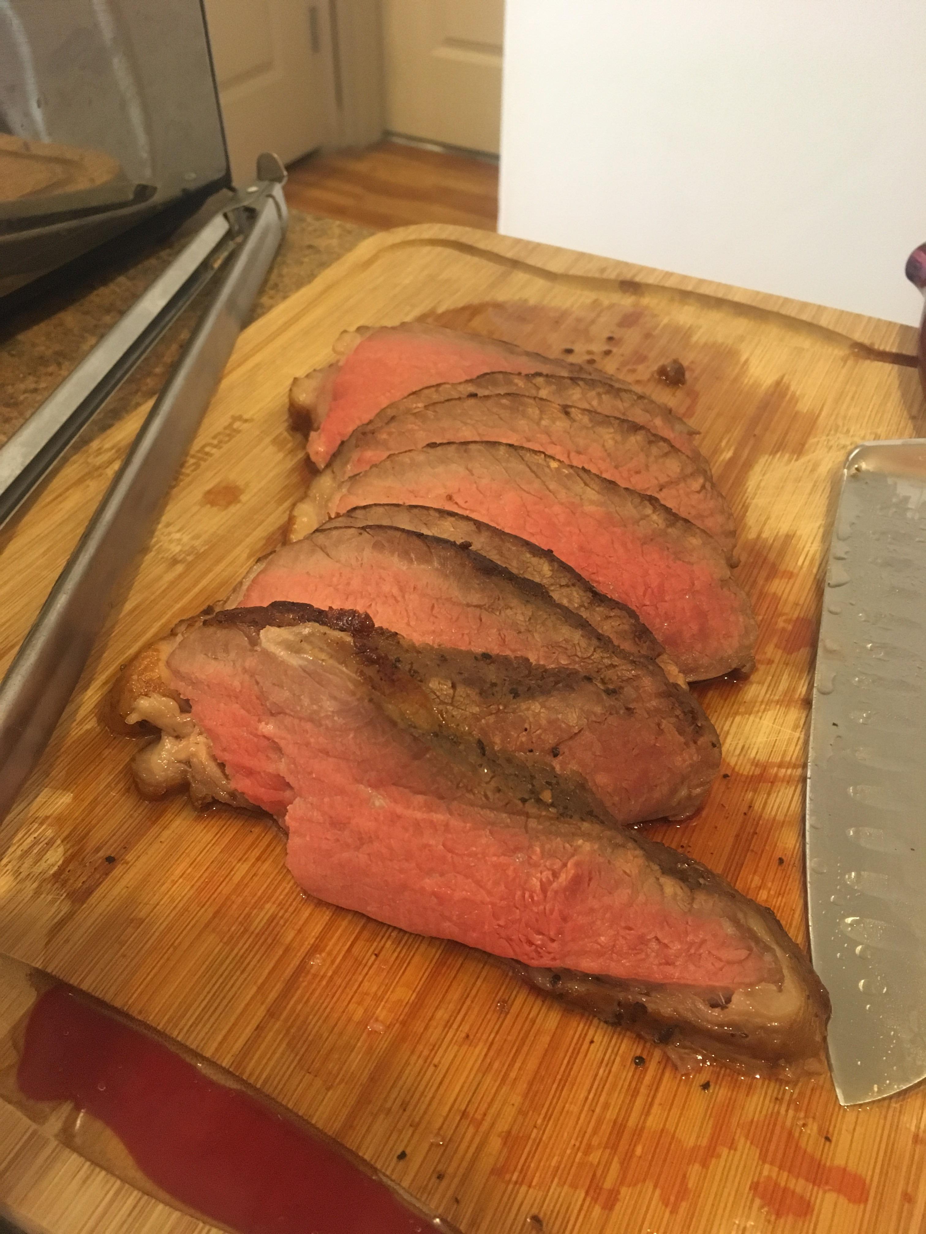 Eye of Round (sous vide) delicious, tender and SO juicy. Worth the 20