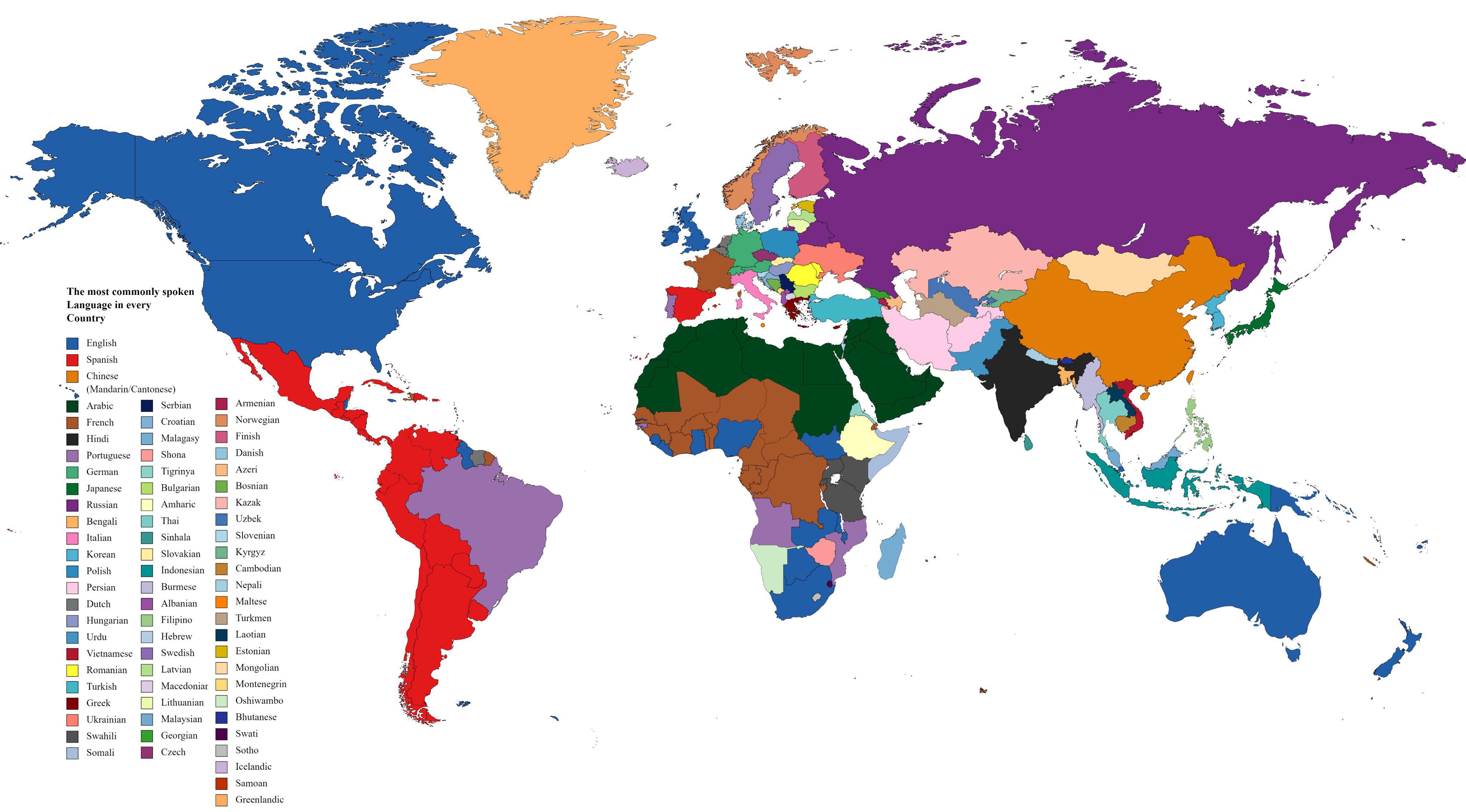 The most commonly spoken language in every country r/MapPorn