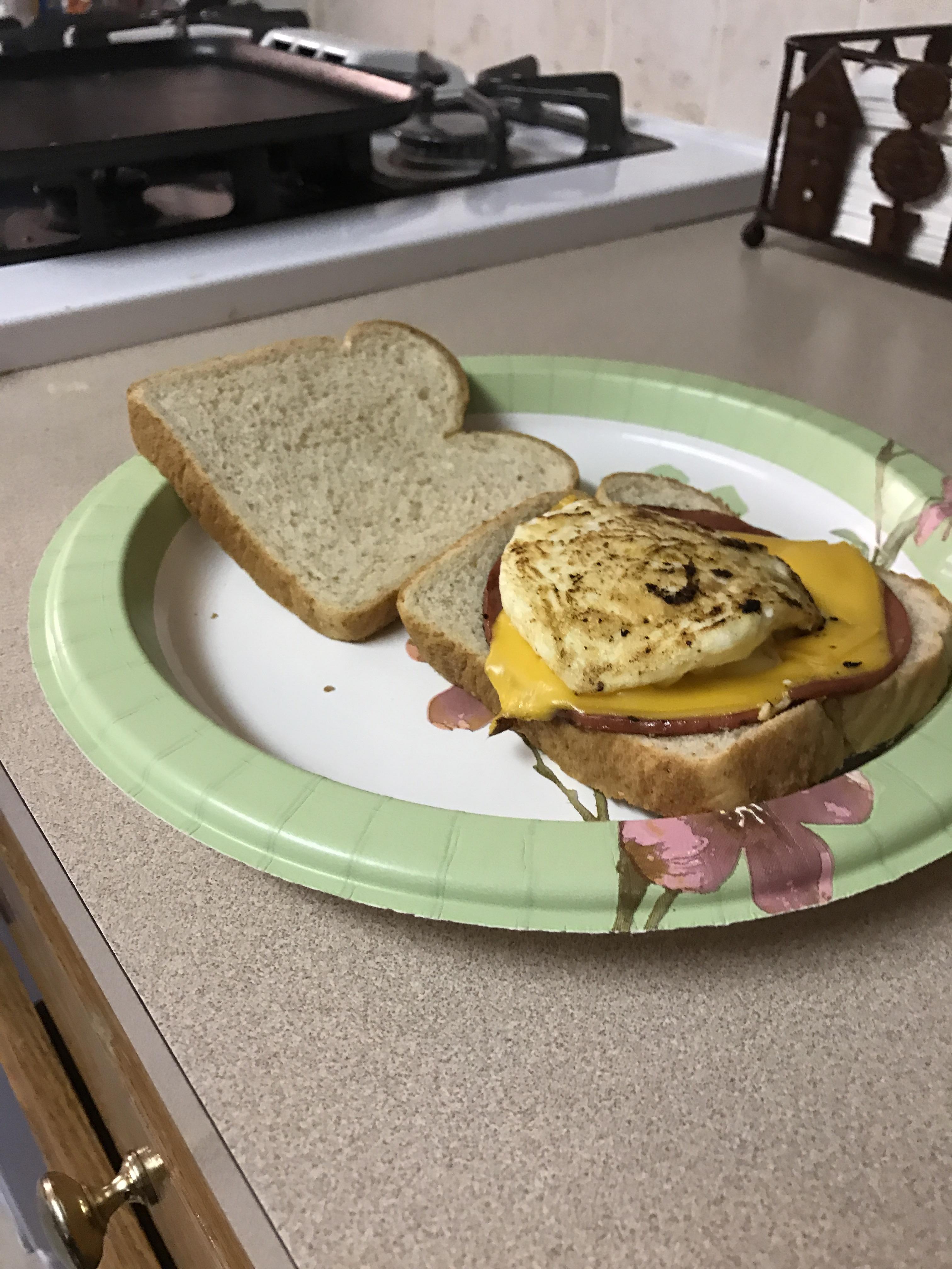 [Homemade] Fried bologna and cheese with a egg to top it off. So good
