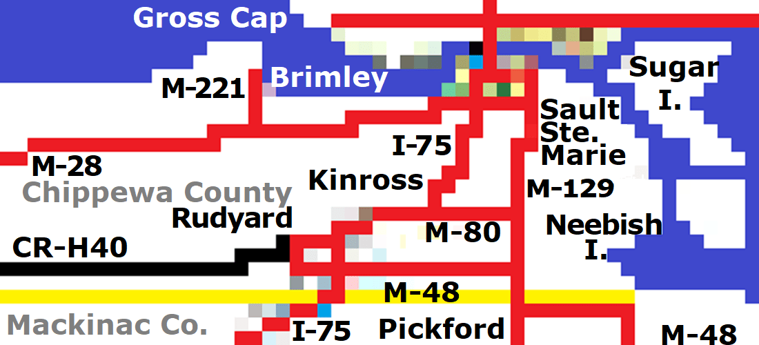 Pixel art style road map of Michigan's Sault Ste. Marie, Rudyard, and