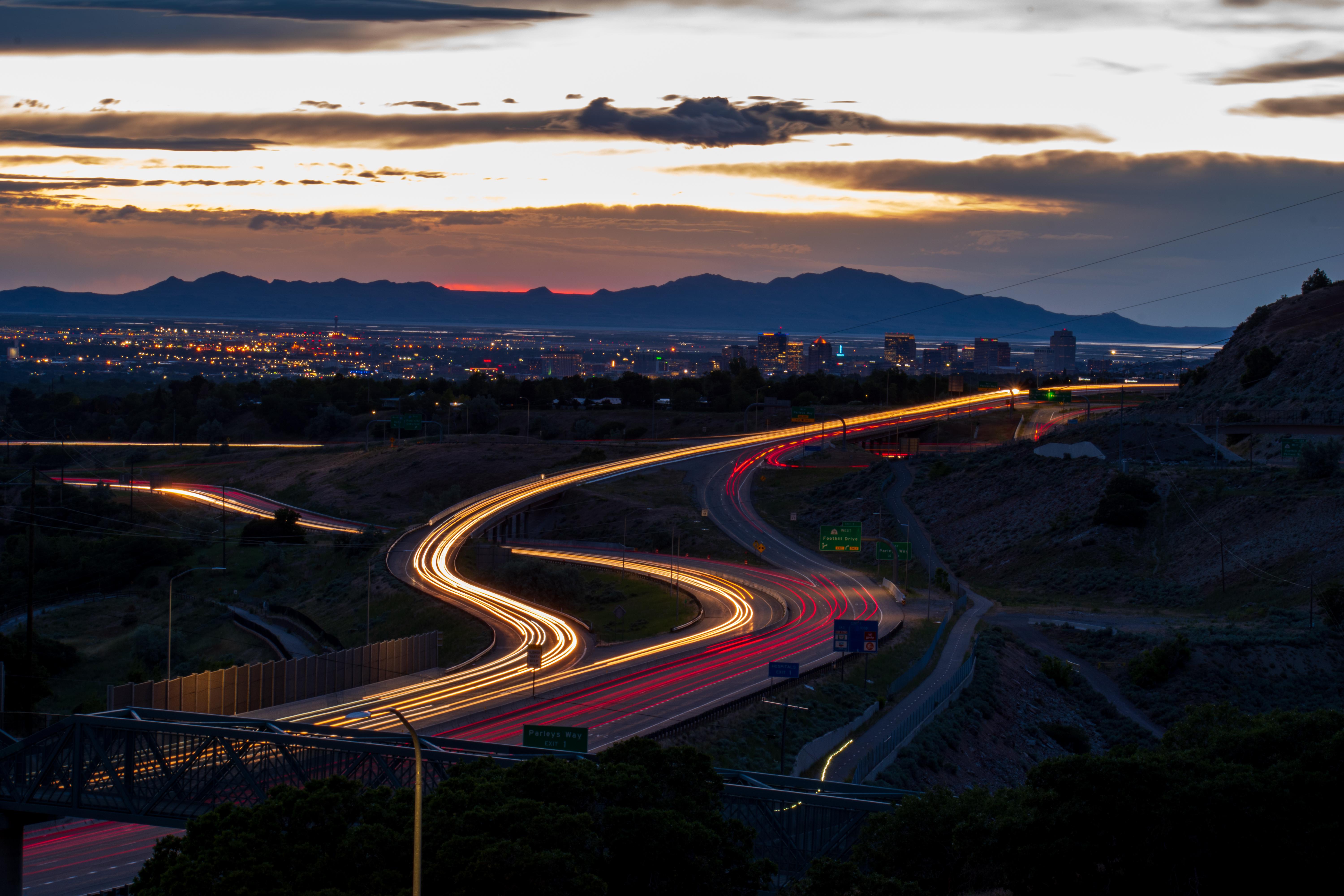I80/I215/Foothill Dr. Interchange at dusk, Salt Lake City, UT [OC