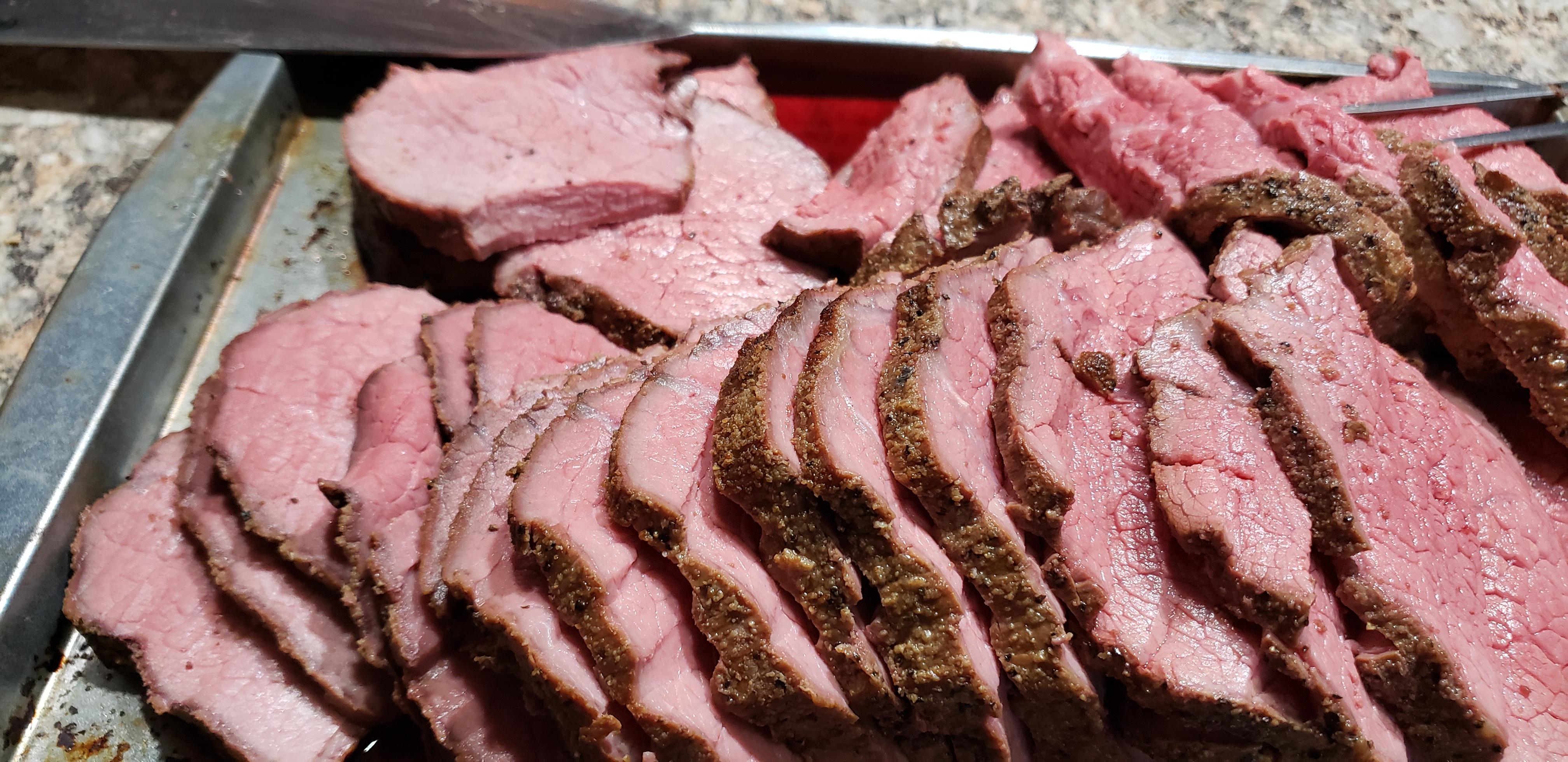 First attempt at smoked roast beef! Simple salt, pepper, onion and