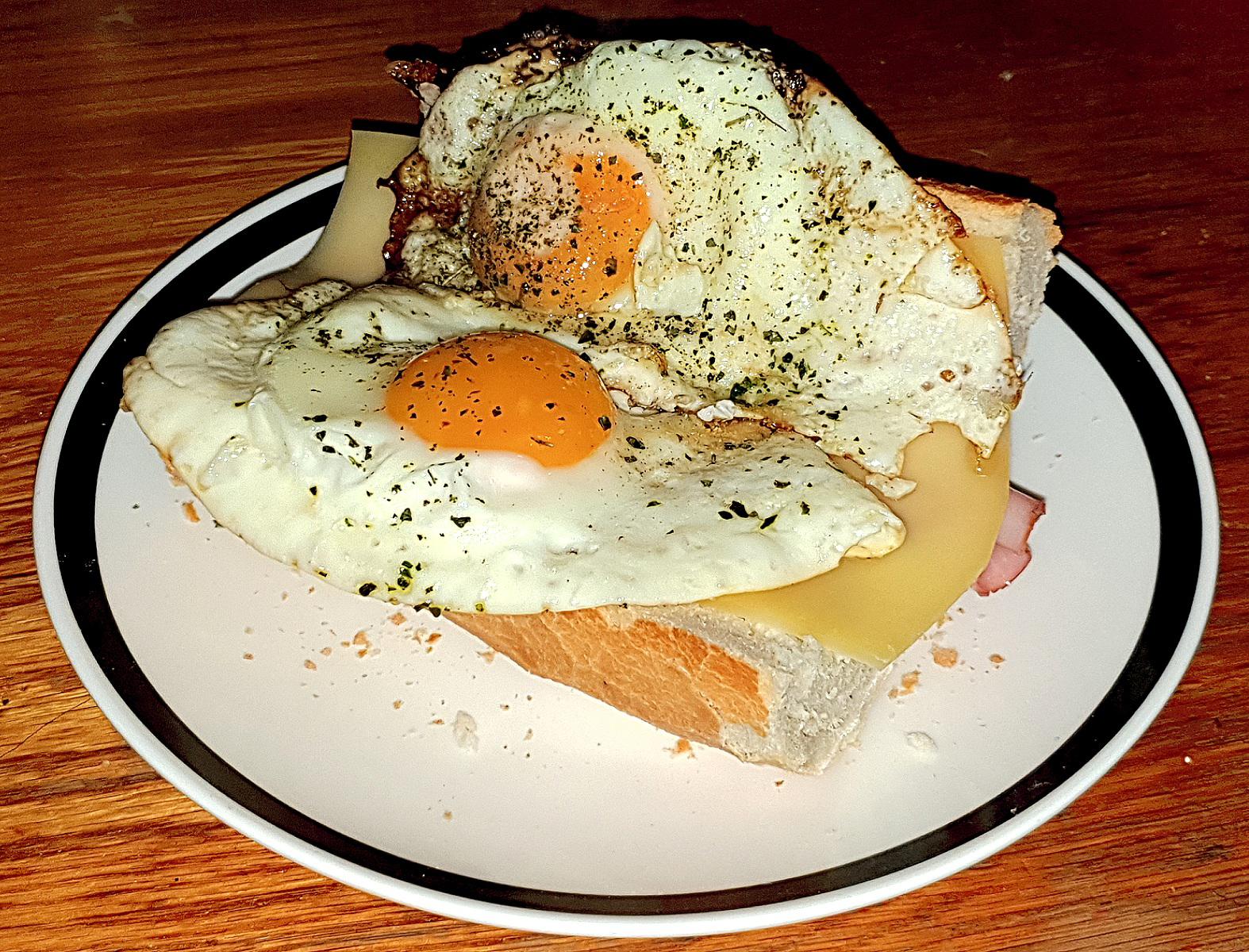 Just a "Uitsmijter", it's Dutch. Baked Eggs, Ham, 30+ Cheese, Oregano, Salt and Pepper. Oh, and