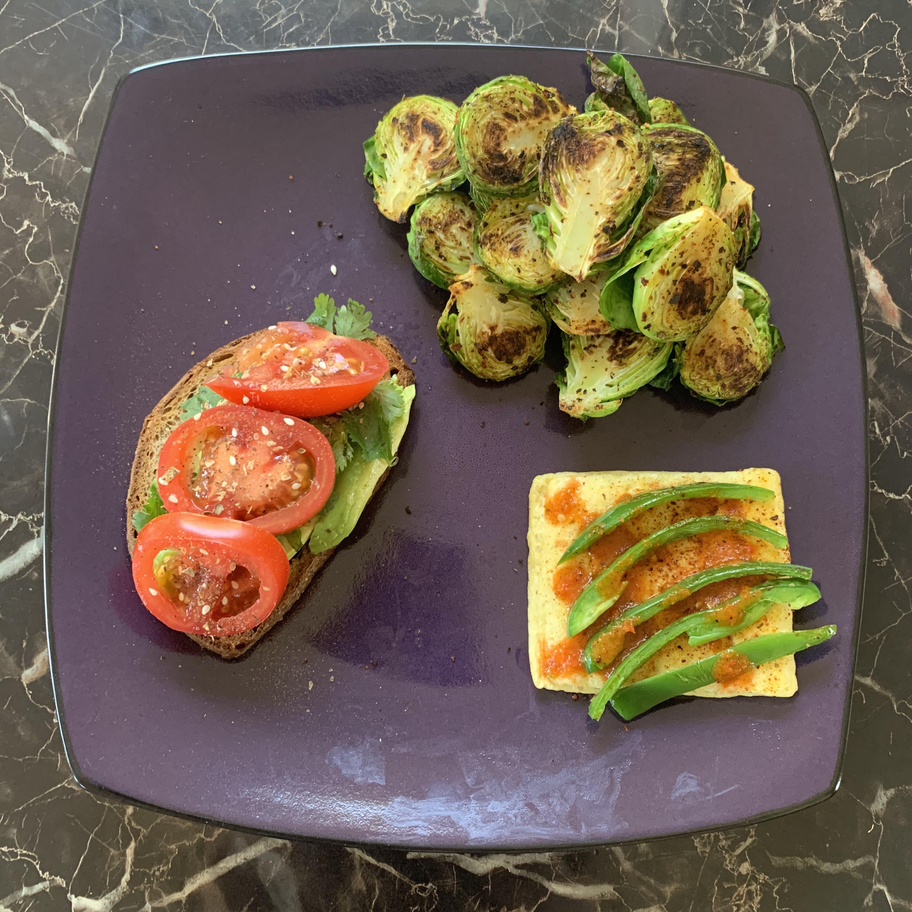 Avocado toast on rye, Just Egg patty, & Brussel sprouts (about 400