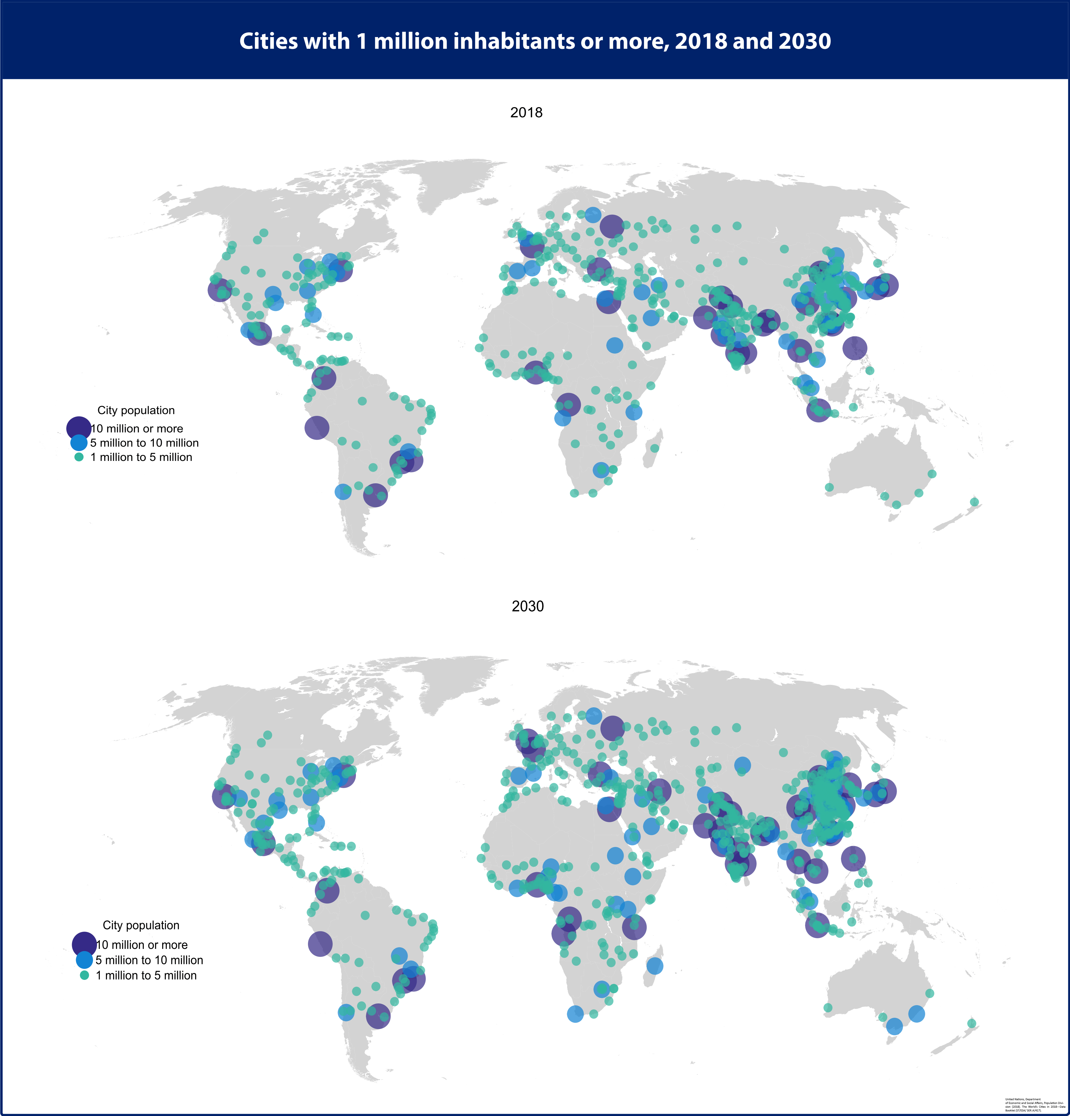 Cities with 1 million inhabitants or more, 2018 and 2030 r/MapPorn