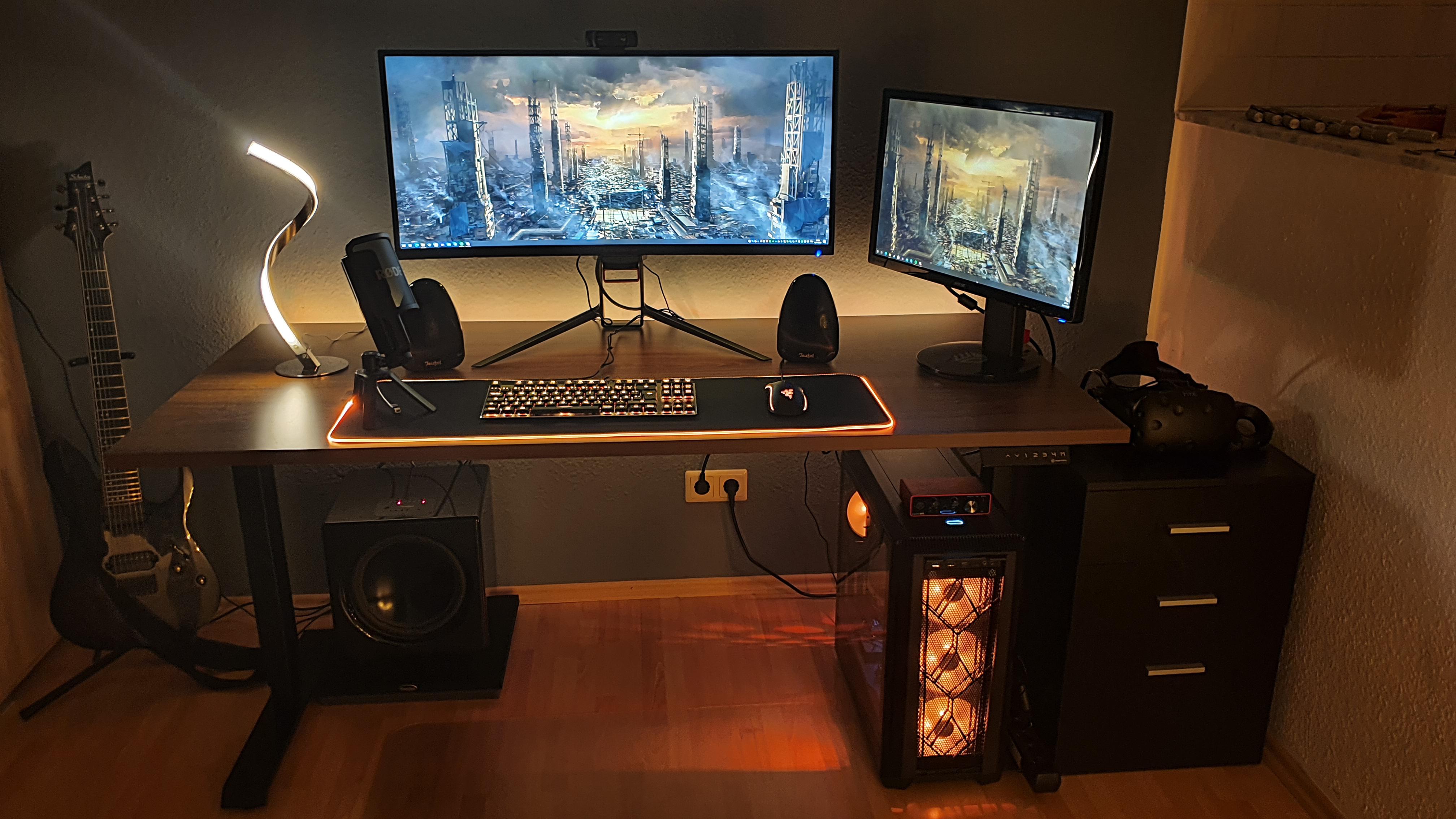 Now with matching RGB My black/gold gaming desk, inspired by Deus Ex HR r/battlestations