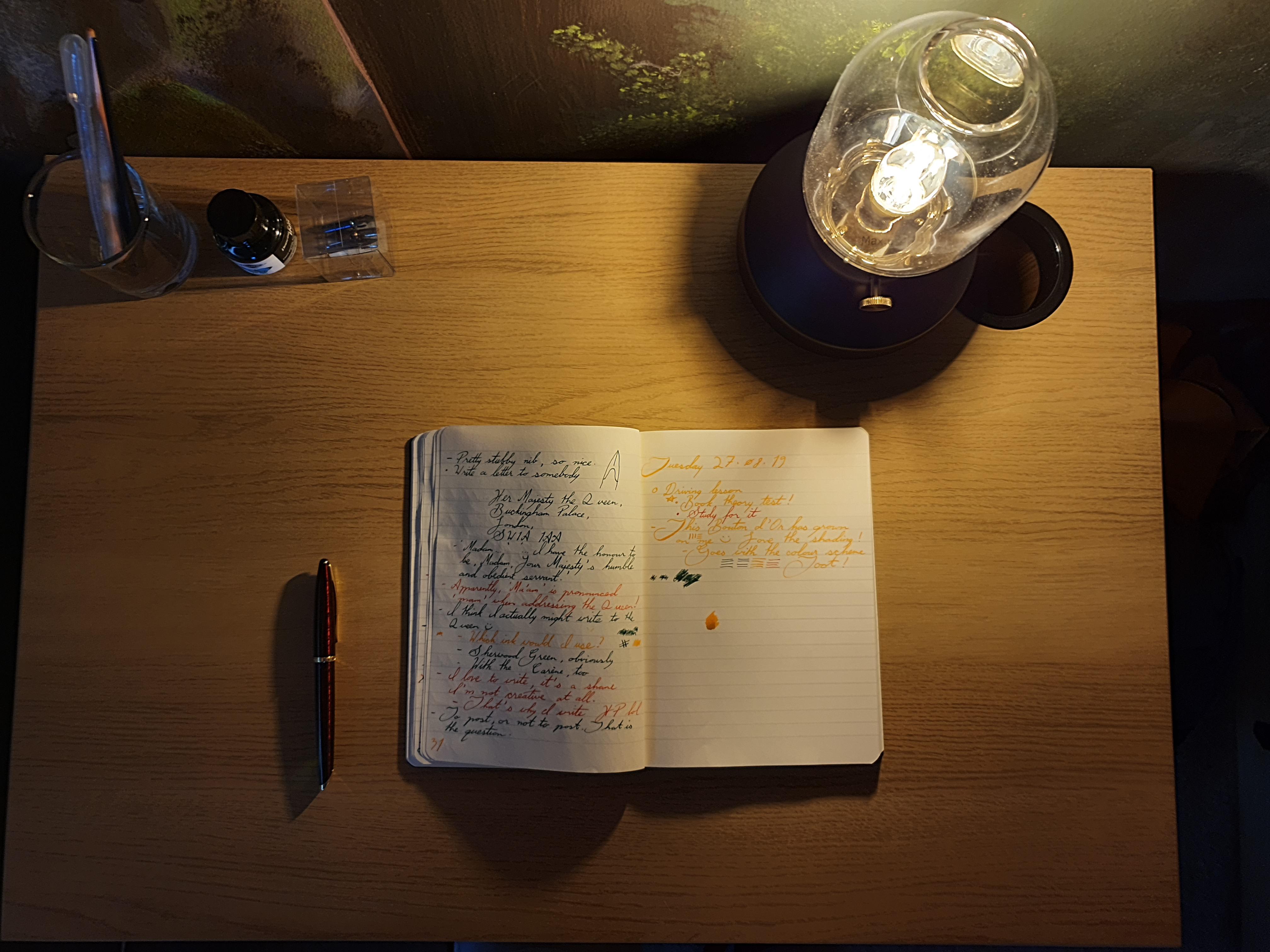 My new cozy writing desk, complete with oldfashioned lamp and a