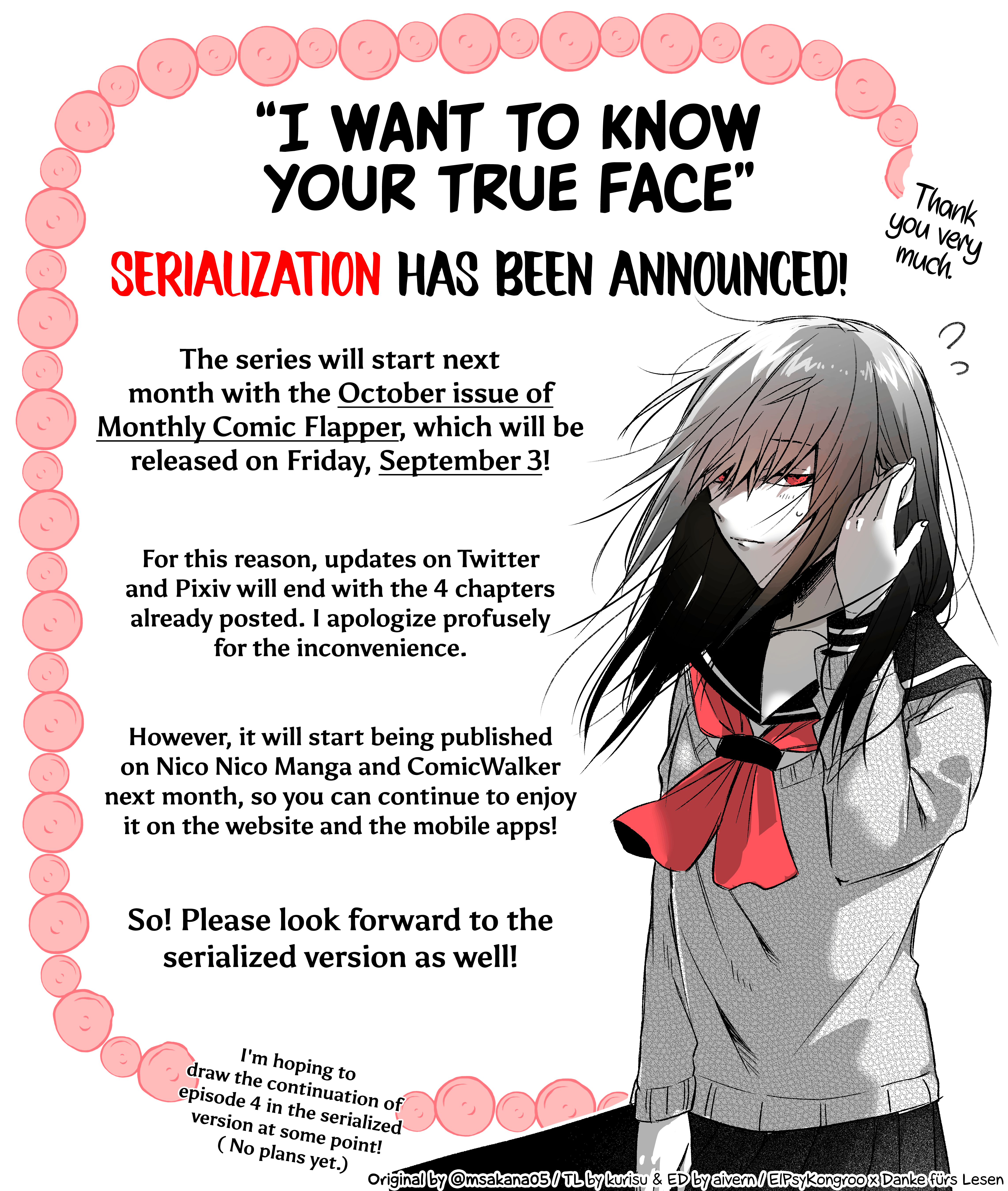 "I want to know your true face" gets a serialization on september. manga