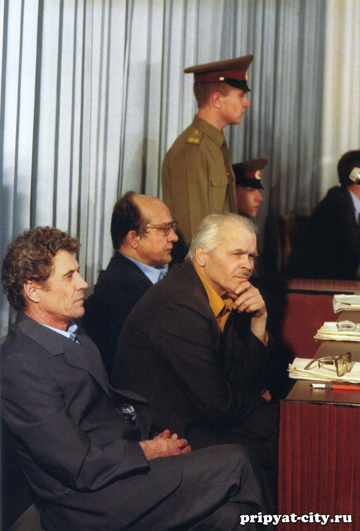 Scene from Chernobyl disaster trial, 1987. From front to back