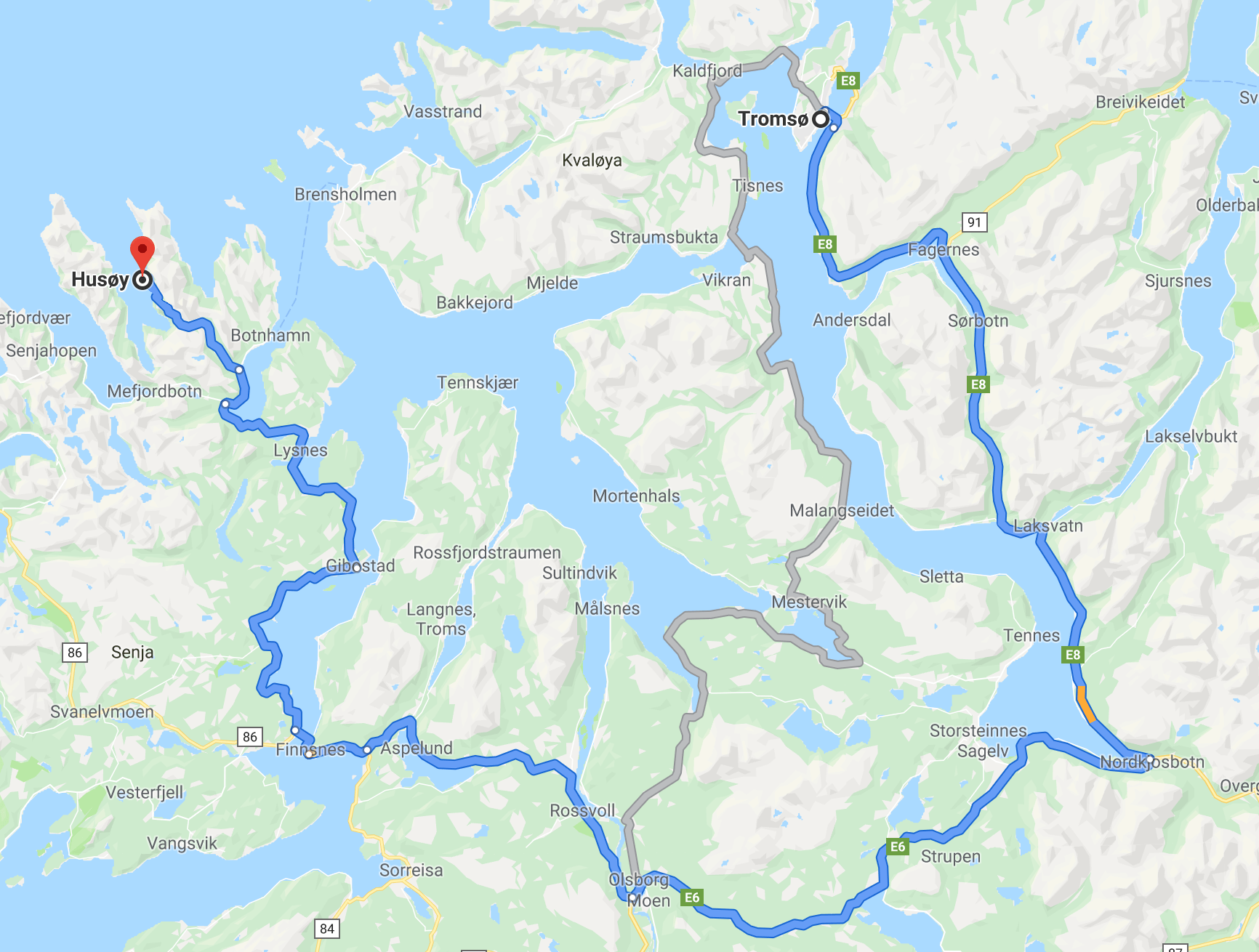 Which of the two routes to choose from tromso to senja? Which one is