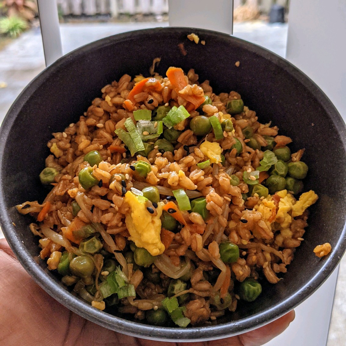 Farro fried "rice" with, carrot, bean sprouts, peas, garlic, ginger