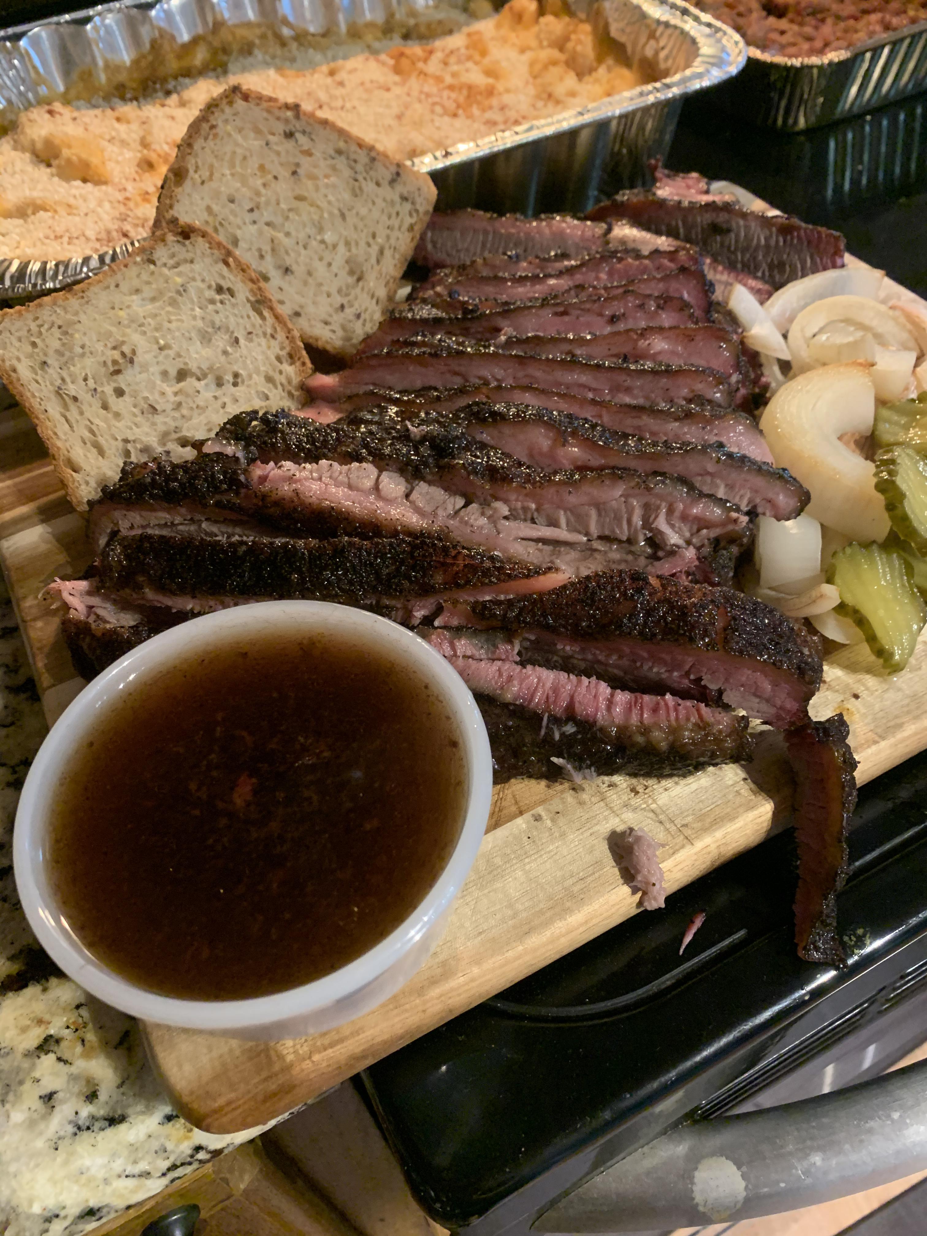 Fantastic day. Hickory smoked brisket, au jus and smoked onions. Sides