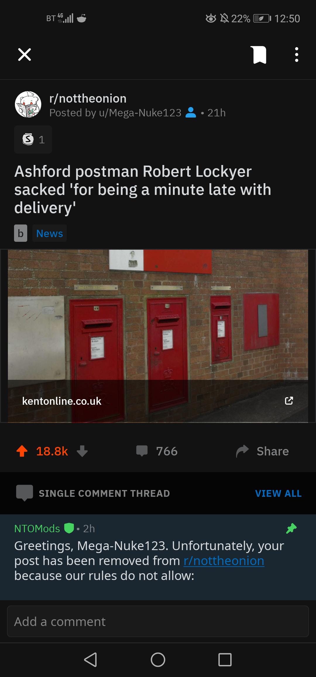 My post which reached the front page of reddit was removed after being