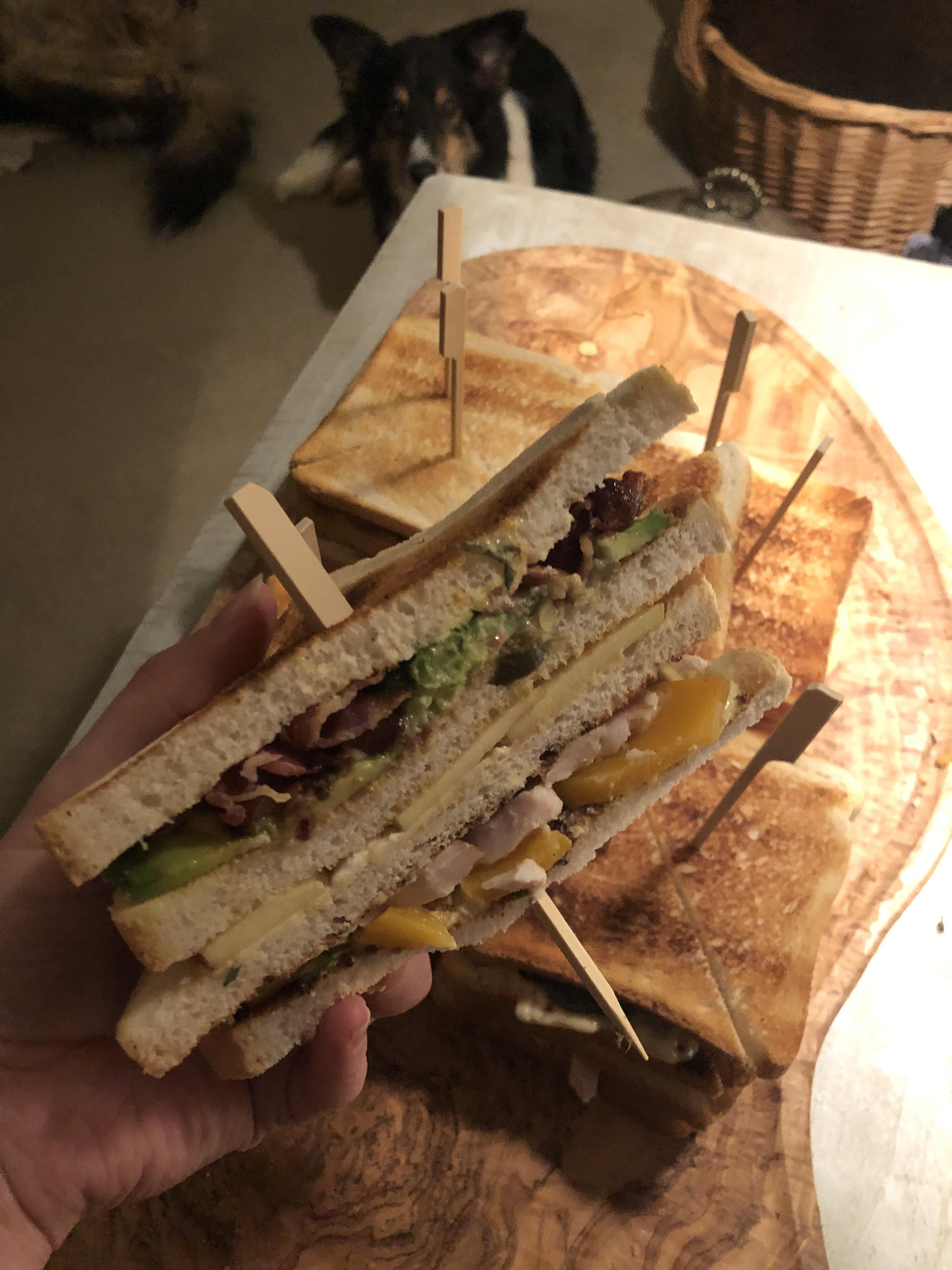 My bf makes the best threelayer sandwiches plus dog in background