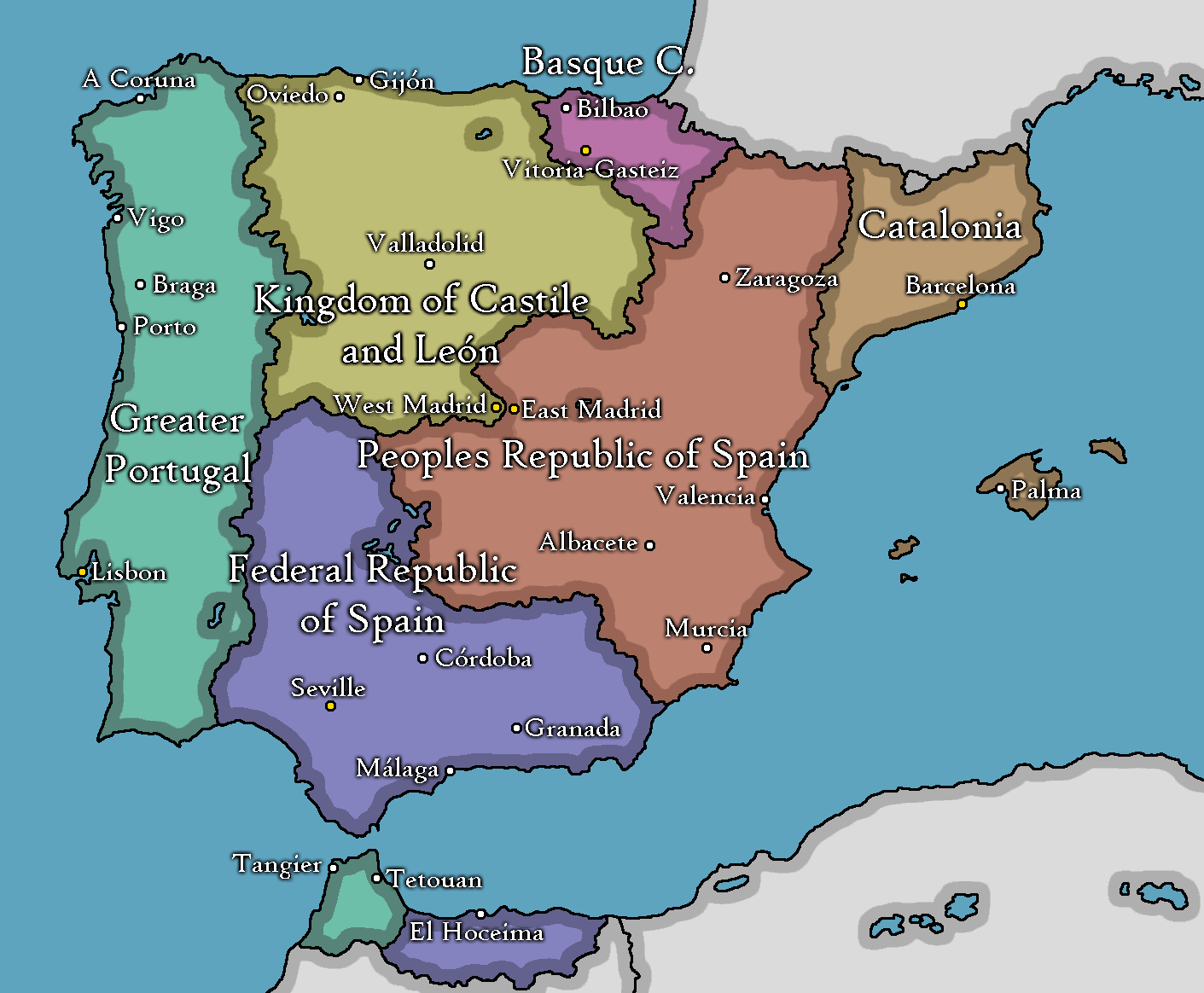 Spain in 1952 after the Second Spanish Civil War. r/imaginarymaps