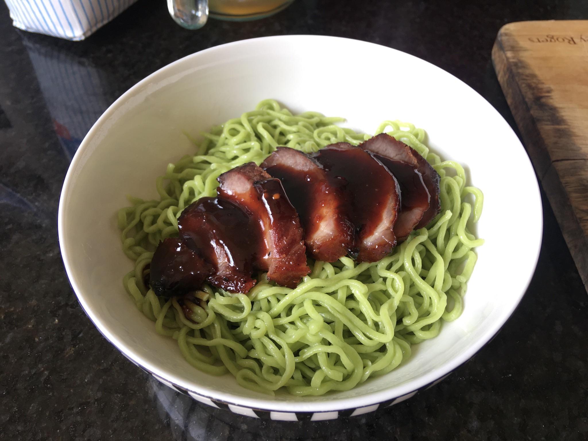 [Homemade] Char siu pork with spinach egg noodles r/food