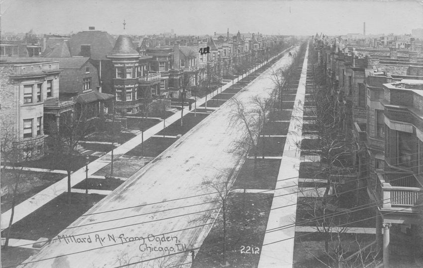Looking north on Millard Avenue from Ogden Avenue, North Lawndale, 1908