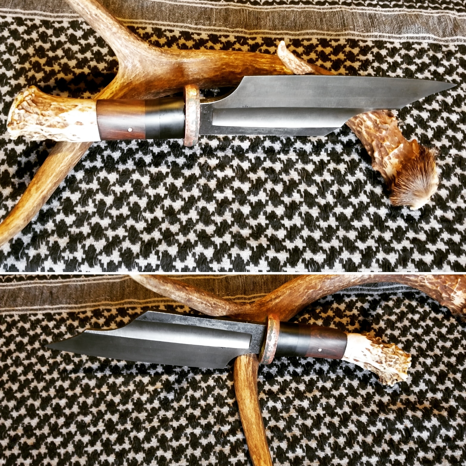 Broken sword knife. 1095 steel, copper guard, cocobolo, ebony, and